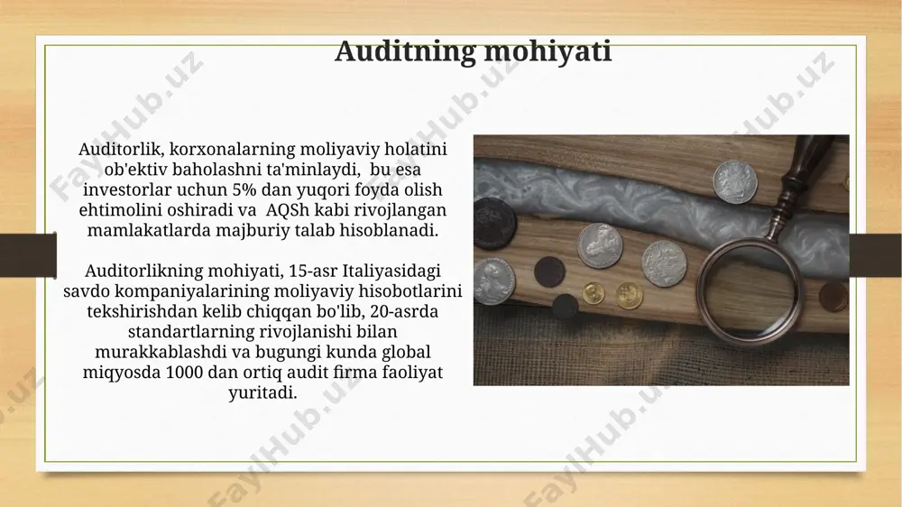 tandartlari va me'yorlarining shakllanishi ikkinchi jahon urushidan keyin, 1970-yillarga kelib, xalqaro miqyosda audit standartlarini uyg'unlashtirishga bo'lgan ehtiyoj ortib, ifrs (xalqaro moliyaviy hisobot standartlari) kabi muhim o'zgarishlarni keltirib chiqardi. 1930-yillarda aqshda, buyuk depressiyadan so'ng, audit standartlarini birlashtirishga bo'lgan ehtiyoj kuchayib, amerika audit assotsiatsiyasi (aaa) kabi tashkilotlarning faoliyati natijasida birinchi umummilliy audit standartlari shakllandi. o'rta asrlar davridagi audit o'rta asrlar davrida, ayniqsa, 14-15 asrlarda, cherkov mulklarini tekshirish va hisobotlarni tekshirish bo'yicha maxsus audit tizimlari rivojlangan, bu 100 dan ortiq cherkovlarni qamrab olgan. xv asrda italiyaning yirik shaharlarida, masalan, florensiyada, banklar va savdo uylari faoliyatini nazorat qilish uchun 2-3 nafar auditor tayinlash amaliyoti keng tarqalgan edi. qadimgi davr auditining boshlanishi misrda, qadimgi davrda, davlat xazinachilarining hisobotlarini tekshirish va 10 dan ortiq rasmiy shaxslar tomonidan tasdiqlanishi majburiy bo'lgan. qadimgi mesopotamiyada, taxminan 3000 yil avval, soliq yigʻuvchilar tomonidan amalga oshirilgan tekshirishlar, hozirgi zamon auditining dastlabki shakllaridan biri sifatida qaralishi mumkin. e'tiboringiz uchun rahmat @taqdimot_robot image7.jpg …