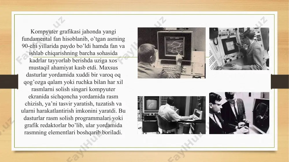 o surat darajasidagi yuqori aniqlikda real va haqqoniy aks ettirilishi mumkin. - rastr tasvirlar chiqarish qurilmalari – asosan lazer printerlarida juda yaxshi chop etiladi. ya’ni rastr grafikasining sifati chop etishda o’zgarmaydi. kamchiliklari: - rastr tasvirlari saqlash qurilmalari (qattiq disk, sd-dvd, fleshka va h.) da ko’p joy egallaydi; - rastr tasvirlarni tahrirlashda kompyuterning xotira resurslari – xususan tezkor xotirada ko’proq joy talab etiladi; - rastr tasvirlarni tahrirlash mehnat talab va mashaqqatli; - rastr tasvir masshtablashtirilganda tasvir sifati o’zgaradi. qo’llanish sohasi: - elektron va poligrafik nashriyotlar, web dizaynda; - foto tasvirlarni tahrirlash va restavratsiya qilishda; - badiiy grafika va skaner bilan ishlashda. e’tiboringiz uchun rahmat image5.png image6.png image7.jpeg image8.jpeg image9.jpg image10.jpg image11.jpeg image12.jpeg image13.png image14.png image15.png image16.jpeg image17.jpeg image18.png image19.jpeg image20.png image21.jfif image22.png image23.png image24.jfif image25.jfif image26.png image27.png image28.jpeg image29.jpg image30.jpeg image31.jpg image32.jpeg image33.jpeg image34.jpeg image35.jpeg image36.jpeg image37.png image38.jfif image39.jfif image40.jpg image41.jfif image42.jpeg image3.png image4.png /docprops/thumbnail.jpeg