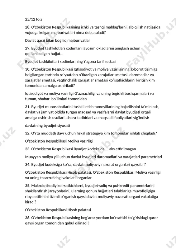 li boshqarmalari va tuman, shahar bo‘limlari tomonidan 31. byudjet munosabatlarini tashkil etish tamoyillarining bajarilishini ta‘minlash, davlat va jamiyat oldida turgan maqsad va vazifalarni davlat byudjeti orqali amalga oshirish usullari, chora-tadbirlari va maqsadli faoliyatlari yig‘indisi: davlatning byudjet siyosati 32. o‘rta muddatli davr uchun fiskal strategiya kim tomonidan ishlab chiqiladi? o‘zbekiston respublikasi moliya vazirligi 33. o‘zbekiston respublikasi byudjet kodeksida … aks ettirilmagan muayyan moliya yili uchun davlat byudjeti daromadlari va xarajatlari parametrlari 34. byudjet kodeksiga ko‘ra, davlat moliyaviy nazorat organlari qaysilar? o‘zbekiston respublikasi hisob palatasi, o‘zbekiston respublikasi moliya vazirligi va uning tasarrufidagi vakolatli organlar 35. makroiqtisodiy ko‘rsatkichlarni, byudjet-soliq va pul-kredit parametrlarini shakllantirish jarayonlarini, ularning qonun hujjatlari talablariga muvofiqligiga rioya etilishini tizimli o‘rganish qaysi davlat moliyaviy nazorati organi vakolatiga kiradi? o‘zbekiston respublikasi hisob palatasi 36. o‘zbekiston respublikasining beg‘araz yordam ko‘rsatishi to‘g‘risidagi qaror qaysi organ tomonidan qabul qilinadi? o‘zbekiston respublikasi prezidenti tomonidan 37. o‘zbekiston respublikasi moliya vazirligi huzuridagi budjetdan tashqari pensiya jamg‘armasi daromadlarining shakllanish …
