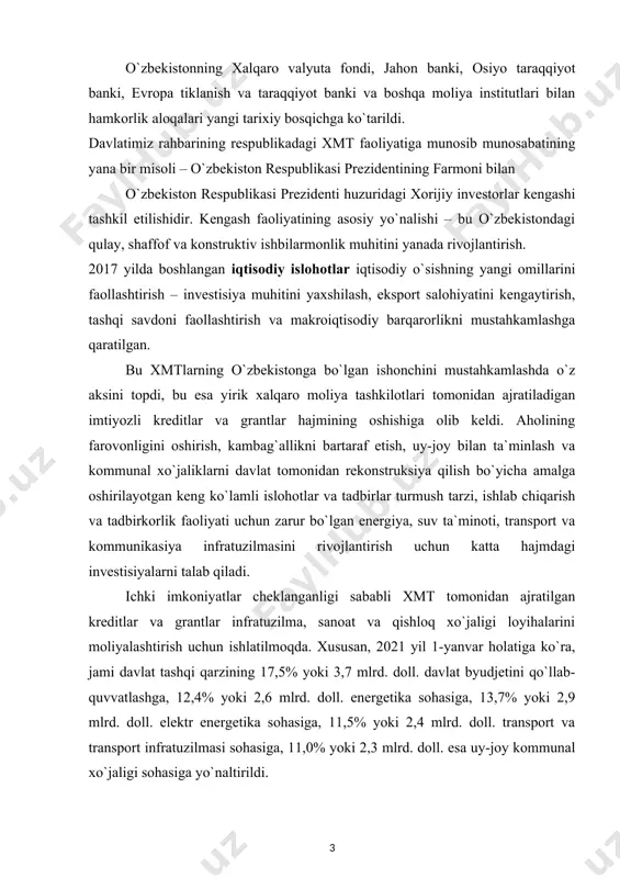 tiqbollarini chuqur tahlil qilish kurs ishi ob’yekti va predmeti: jahon banki guruhi: xalqaro tiklanish va taraqqiyot banki, xalqaro taraqqiyot assotsiatsiyasi, xalqaro moliya korporatsiyasi, investitsiyalarni kafolatlash bo’yicha ko’p tomonlama agentlik va investitsion bahslarni tartibga solishning xalqaro markazi. xalqaro valyuta fondi (xvf) kurs ishning tadqiqot uslubi va uslubiyoti: ilmiy ommabop manbalardan to‘plangan ma’lumotlar tahlil qilib,xulosa va takliflar qilish. kurs ishi tuzilishi: bajarilgan kurs ishi kirish qismi, asosiy qism va qilingan xulosalardan iborat. ishda o‘rganilishi e’tiborga olingan ma’lumotlar tushunarli ravishda ifodalash uchun chizma jadvallar va rasmlar berildi.ishga qo‘yilgan maqsadga erishishi uchun to‘plangan adabiyotlar manbalarning nomlari va elektron manzillari keltirildi. asosiy qism 1.o'zbekiston respublikasining xalqaro banklar bilan hamkorligi jahon banki guruhi: xalqaro tiklanish va taraqqiyot banki, xalqaro taraqqiyot assotsiatsiyasi, xalqaro moliya korporatsiyasi, investitsiyalarni kafolatlash bo’yicha ko’p tomonlama agentlik va investitsion bahslarni tartibga solishning xalqaro markazi. jahon bankining (jb) tashkiliy strukturasining o’ziga xos xususiyati shundaki, yuridik va moliyaviy munosabatlarda jb dan mustaqil bo’lgan, biroq bir–biri …