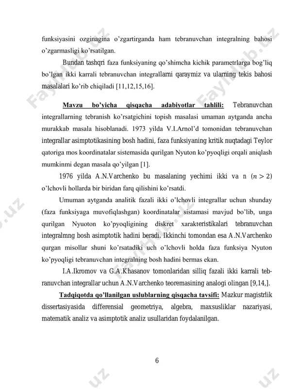 integralga aytiladi,      1 2 2 , 1 2 1 2, itf x x r j t a x x e dx dx  bu yerda t haqiqiy tayinlangan parametr. 8 𝑓 bilan 𝑓 funksiyaning makloren qatorini belgilaymiz, ya’ni   ^ 1 2 1 2 , 0 , i j ij i j f x x a x x     𝑓 funksiya makloren qatorining tashuvchisi deb,     2supp , \ 0,0 : 0ijf i j z a    to’plamga aytiladi.  1;6 ushbu     2 , supp , i j f i j r   to’plamning qavariq qobig’iga 𝑓 funksiya makloren qatorining n’yuton ko’pyoqligi deyiladi va 𝑁(𝑓) orqali belgilanadi. n’yuton ko’pyoqlik (0,0) nuqtadagi lokal koordinatalar sistemasining tanlanishiga bog’liq. n’yuton ko’pyoqligining barcha kompakt yoqlarining birlashmasi n’yuton diagrammasi deyiladi va 𝐷(𝑓) orqali belgilanadi [4,5]. 𝑁(𝑓) …