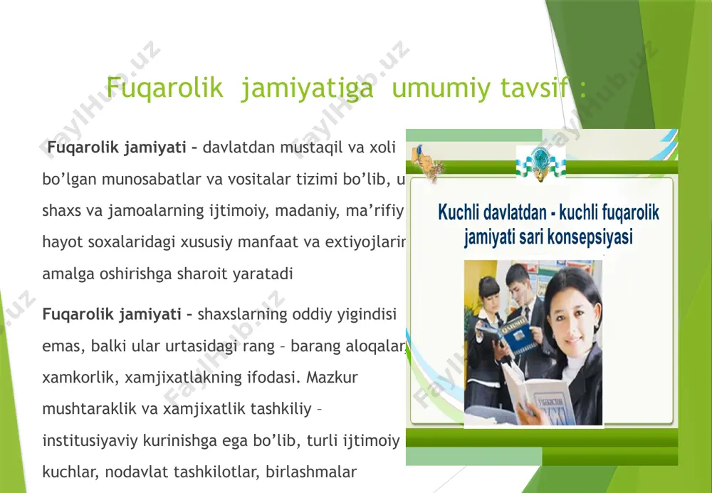 , yordam beradi. shaxs manfaatlari, uning huquq va erkinliklari to’la darajada ro’yobga chiqishiga ko’maklashadi. ayni vaqtda, boshqa odamlarning huquq va erkinliklari kamsitilishiga yo’l qo’yilmaydi.ya’ni, erkinlik va qonunga bo’ysunish bir vaqtning o’zida amal qiladi, bir-birini to’ldiradi va bir-birini taqozo etadi. boshqacha aytganda, davlatning qonunlari inson va fuqaro huquqlarini kamsitmasligi lozim. shu barobarida barcha odamlar qonunlarga so’zsiz rioya qilishlari shart”. i.a.karimov. o’zbekiston xx asr bo’sag’asida: xavfsizlikka tahdid, barqarorlik shartlari va taraqqiyot kafolatlari. // xavfsizlik va barqaror taraqqiyot yo’lida. t. 6.-t.: o’zbekiston, 1998. 151-bet. fuqarolik jamiyatining asosiy belgilariga quyidagilar kiradi : ko’ppartiyaviylik: siyosiy hayot va institutlarning, mafkura va fikrlarning xilma-xilligi: o’zini o’zi boshqarish organlari mavqyeining balandligi; jamiyatni boshqarishda ommaviy axborot vositalari rolining kattaligi. fuqarolik jamiyatining ma’naviy – axloqiy jihatlari : fuqarolik jamiyati chukur ma’naviy, yuksak madaniy, insoniy munosabatlar zamiriga tayanadi. bu jamiyatning ma’naviy hayotida bir narsa ustunlik kiladi, ya’ni inson benixoya darajada uluglanadi, umuminsoniy qalriyatlar ezozlanadi, ular mu’tabar va muqaddas sanaladi. bunda insonning …