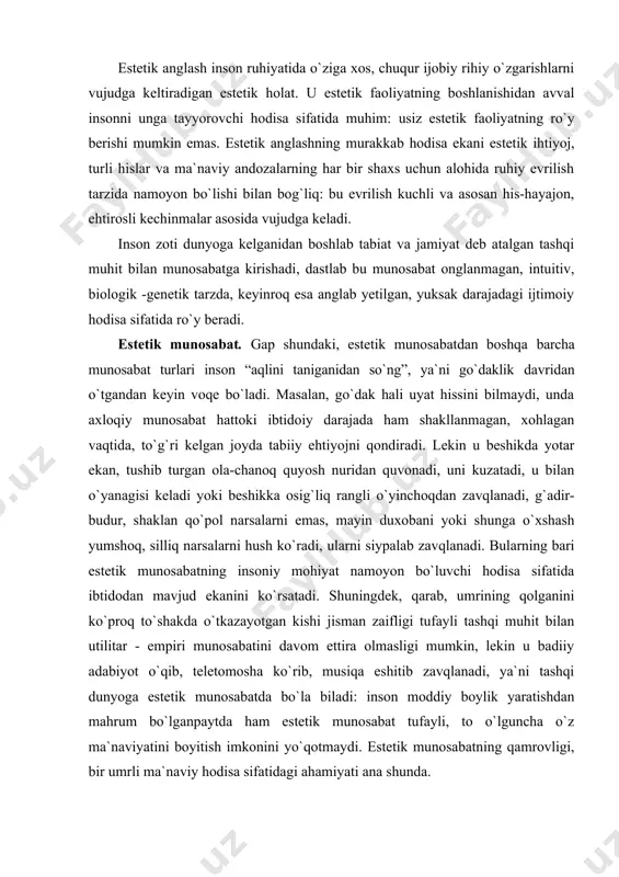 hi jisman zaifligi tufayli tashqi muhit bilan utilitar - empiri munosabatini davom ettira olmasligi mumkin, lekin u badiiy adabiyot o`qib, teletomosha ko`rib, musiqa eshitib zavqlanadi, ya`ni tashqi dunyoga estetik munosabatda bo`la biladi: inson moddiy boylik yaratishdan mahrum bo`lganpaytda ham estetik munosabat tufayli, to o`lguncha o`z ma`naviyatini boyitish imkonini yo`qotmaydi. estetik munosabatning qamrovligi, bir umrli ma`naviy hodisa sifatidagi ahamiyati ana shunda. barcha munosabatlar qatori estetik munosabat ham ikki asosiy unsurdan tashkil topadi: obekt va subekt. lekin bunda obekt subekt tomonidan belgilanadi: agar subekat estetik jarayonga kirishmasa, uning munosabati, obekt qanchalik go`zal yoki ulug`vor bo`lmasin, estetik shakl kasb etmaydi. estetik jarayon esa subektning botiniy his-tuyg`ulariga, kayfiyatiga, vaqtiga, kuzatishiga, mushohadasiga, fikrlash imkoniyati va fikrlash darajasiga, qobiliyatiga, iste`dodi, obekt bilan o`rtadagi masofa tasavvuri kabi tug`ma hamda ta`lim, tarbiya va tajriba vositada vujudga kelgan qarashlarga bog`liq. estetik munosabat ana shu estetik jarayonning pirovard natijasidir. masalan, o`rol tansiqboevning “tog`dagi qishloq” asarini sotayotgan do`kon xizmatchisida bu rasmga …