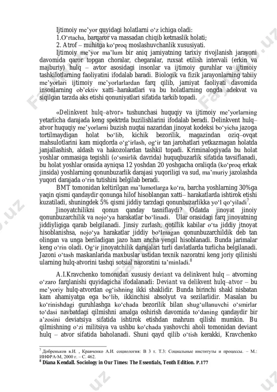 og„ishlarni o„rganish jarayoni o„zining tarixiga egadir. platon o„z davrida insonlarning turli xil hulq – atvorlarini izohlashga harakat qilgan. rossiyalik olim ya.i.gilinskiy tomonidan deviant hulq – atvorning madaniylashtirilgan jihati o„rganilib, «deviant hulq–atvor» tushunchasini fanga kiritgan va hozirgi kunda bu atama «og„uvchi hulq – atvor» atamasi bilan bir xil ma‟noda qo„llaniladi. horijiy tadqiqotchilar – dyurkgeym, klages, merton, smelzer, shibutani, shuessler va boshqalar tomonidan deviant hulq–atvor ijtimoiy me‟yorlar va kutilayotgan holatlar bilan mutanosiblik yoki nomutanosiblik asosida aniqlanishi 3 introduction to sociology. р.101 4 sociology / john j.macionis. р.194 ta‟kidlanadi. o„z navbatida, ushbu jamiyat uchun kutilgan holatni qonitirmaydigan hulq – atvor bevosita deviant sifatida baholanadi. 2. deviant, ya‟ni me‟yordan og„uvchi hulq–atvor insonning keng ko„lamdagi qilmishlarini o„z ichiga qamrab oladi. og„ish holati va me‟yorning buzilish xususiyatlaridan kelib chiqib uning uchta darajasini ajratib ko„rsatish mumkin: 1. ahloq va odob me‟yorlaridan sezilarsiz darajadagi og„ishlar; xususiy deviant hulq atvor; 2. huquqiy me‟yorlarning buzilishi, biroq bu holatda hulq – …