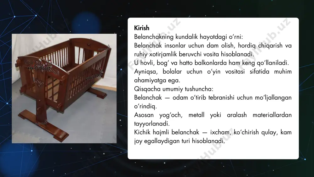 a yog‘och ustunlar qo‘yiladi. ustki qismiga ko‘ndalang yog‘och mahkamlanadi. zanjirlar shu qismga ulanadi. ⚒️ mustahkamlikka e’tibor yog‘och qismlar bir-biriga bolt va mix bilan mahkamlanadi. yerga mustahkam o‘rnatilishi xavfsizlikni ta’minlaydi. tebranishda og‘irlikni ko‘tarishga bardoshli bo‘lishi kerak. belanchak karkasini yasash zanjirlarni o‘rnatish o‘rindiqni karkasga mahkamlash o‘rindiq ikki yonidan metall zanjirlar bilan yuqori qismga ulanadi. bolt va ilgaklar yordamida xavfsiz tarzda mahkamlanadi. ⚖️ balansni tekshirish o‘rindiq ikki tomondan bir xil balandlikda bo‘lishi shart. tebranishda yonboshlab ketmasligi uchun markaziy og‘irlik tekshiriladi. zarur bo‘lsa zanjir uzunligi sozlanadi. bo‘yash va himoya qilish 🎨 lak va bo‘yoq ishlatish yog‘och yuzasi silliqlab bo‘lgach, lak yoki bo‘yoq bilan qoplanadi. lak yog‘ochning tabiiy rangini saqlaydi va chiroyli ko‘rinish beradi. bo‘yoq esa qo‘shimcha bezak va mustahkamlikni ta’minlaydi. 💧 yog‘ochni namlikdan saqlash namlikka chidamli lak ishlatish tavsiya etiladi. belanchakni yomg‘ir va qor ta’siridan himoya qilish uchun maxsus qoplamadan foydalaniladi. shu orqali belanchak uzoq muddat xizmat qiladi. 🪑 kichik hajmli belanchak ixcham o‘lchamda, …