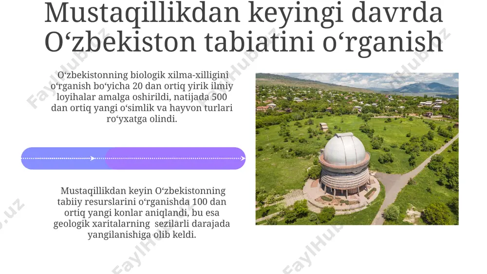 da o'simliklar va hayvonot dunyosi haqida yozma manbalarda 20 dan ortiq turdagi daraxt, o't va hayvonlar haqida ma'lumotlar uchraydi. ekologik muammolar va ularning oʻrganilishi sanoat korxonalarining chiqindilari tufayli havoda zararli moddalar miqdorining oshishi, ayniqsa toshkent va farg'ona vodiylarida, havo sifati monitoringi natijalariga ko'ra, yiliga 5000 dan ortiq nafas olish kasalliklarining ro'y berishiga sabab bo'lmoqda. orol dengizi ekologik falokati, 1960-yillardan boshlab suv sathi keskin pasayishi va tuzlanish darajasining 10 baravar oshishi bilan tavsiflanib, mintaqaning iqtisodiy va ekologik muvozanatini jiddiy buzdi. oʻzbekistonning geologik tuzilishi va mineral resurslari boʻyicha tadqiqotlar oʻzbekistonning geologik tuzilishi paleozoy, mezozoy va kaynozoy davrlarining togʻ jinslari qatlamlaridan iborat boʻlib, ular tarkibida 100 dan ortiq turdagi foydali qazilmalar aniqlangan. mamlakat hududida temir rudasi zaxiralari taxminan 2 milliard tonnani, mis rudasi zaxiralari esa 15 million tonnani tashkil etadi. bu zaxiralarni oʻrganish geologik razvedka ishlari orqali amalga oshirilgan. e'tiboringiz uchun rahmat @taqdimot_robot image4.jpg image5.jpg image6.jpg image7.jpg image8.jpg image9.jpg image10.jpg image11.jpg image12.jpg image13.jpg …