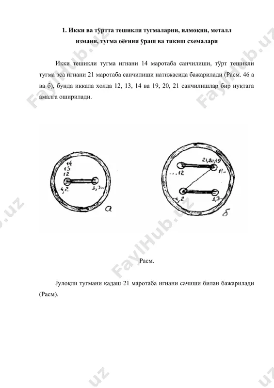 ма тиргаги ўралади. 727 синф ярим автомати иккита ёки тўртта тешикли ясси тугмаларни кўйлак, костюм, махсус ишчи кийим, плащ ва бошқалар материалига тақаб, икки ипли моки баҳяси билан тикади. 727-1 синф ярим автомати эса харбийлар шинелини устидаги металл измаларга маълум материални диаметри 22 мм бўлган икки концентрик доирасимон чок билан тикади. 827 синф ярим автомати ич кийим, костюм ва пальтоларга икки ва тўрт тешикли ясси тугмаларни икки ипли баҳя билан қадашга мўлжалланган. 1095 синф ярим автомати пальто хамда костюмларга икки ва тўрт тешикли ясси тугмаларни бир ипли занжирсимон баҳя билан қадашга мўлжалланган. 1495 синф ярим автомати тўрт тешикли ясси тугмаларни бир ипли занжирсимон баҳя билан қадашга мўлжалланган. 1595 синф ярим автомати икки тешикли сферик тугмаларни газлама ва трикотаждан тикилган аёллар кўйлагига бир ипли занжирсимон баҳя билан қадашда ишлатилади. kуйидаги жадвалда тугма қадаш ярим автоматларини техник таърифлари келтирилган № номи 27 27-б 95 59-а cs-600 727 1595 1 бош вални айланишлар …