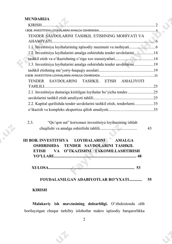 yaqin kelajakka mo’ljallangan dasturimizni amalga oshirishda iqtisodiyotimiz va uning etakchi tarmoqlarini modernizatsiya qilish, texnik hamda texnologik yangilashni jadallashtirish va uning ko’lamini kengaytirish, ishlab chiqarishni diversifikatsiya qilish markaziy o’rin tutishi darkor. bu borada 2013 yil uchun ishlab chiqilgan va 370 dan ortiq strategik muhim loyihani amalga oshirishni ko’zda tutadigan investitsiya dasturi g’oyat muhim ahamiyat kasb etadi. ushbu maqsadlar uchun ajratilayotgan 13 milliard dollarning 75 foizini ichki manbalar hisobidan moliyalashtiriladigan mablag’lar, qolgan qismini jalb etiladigan xorijiy investitsiyalar tashkil etadi”[footnoteref:1] deb ta’kidlagan. [1: karimov i.a. bosh maqsadimiz – keng ko’lamli islohotlar va modernizatsiya yo’lini qatiyat bilan davom ettirish – toshkent. “o’zbekiston” - 2013 y. b -22. ] bugungi o’tish iqtisodiyoti sharoitida investitsiya loyihalarini amalga oshirishda tender savdolarini tashkil etish ijobiy amalga oshirishni talab etadiki, bu ularni bartaraf etishining samarali va optimal variantlarini ishlab chiqishni taqozo etadi. shuningdek bunda investitsiya loyihalarini amalga oshirishda tender savdolarini tashkil etish va o’tkazishda, ularning xususiyatlarini, loyihani moliyalashtirish imkoniyatlarini, …