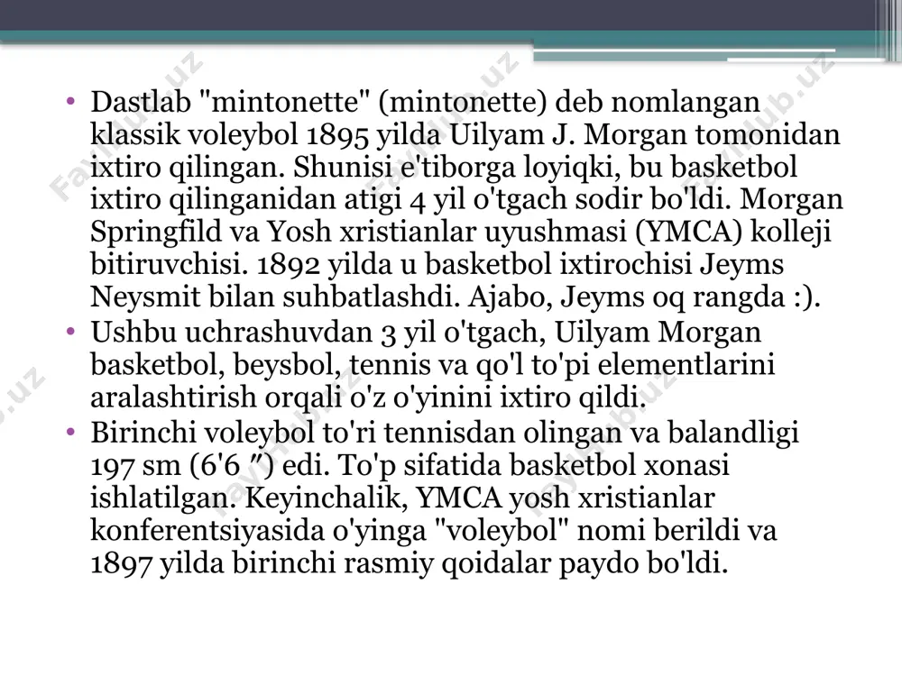 iyligida birlashgan. vaqt o'tishi bilan o'yin taktikasi ham yaxshilandi. bir to'da "qabul qilish-pas-hit" bor edi. professional o'yinchilar uchun shunchalik kuchli ediki, uchta o'yinchini blokirovka qilish kerak edi. "soxta zarbalar", to'pga chegirmalar va "qisqa zarba" - past pasdan hujum bo'ldi. sovet xalqiga voleybol birinchi marta 1920 yilda volga bo'yida paydo bo'lgan. 1925 yildan beri voleybol ukraina va uzoq sharqda rivojlana boshladi. feliks edmundovich dzerjinskiy tashabbusi bilan 1923 yilda voleybol intizomi bo'yicha "dinamo" jismoniy tarbiya va sport jamiyati tuzildi. 1925 yil moskvada - rossiyada birinchi rasmiy qoidalarni tasdiqlash. 1926 yil - birinchi musobaqalar. o'sha yili moskva va xarkov voleybolchilari o'rtasida birinchi shaharlararo uchrashuv bo'lib o'tdi. 1928 yil - moskvadagi i butunittifoq spartakiadasida birinchi marta erkaklar va ayollar jamoalari o'rtasida voleybol bo'yicha butunittifoq chempionati o'tkazildi. shundan keyin voleybol sssrda keng ommalashdi va ommaviy sport turiga aylandi. 1931-1932 yillarda yoshlarning voleybolga jalb etilishi osonlashdi. gto sport majmuasi, uning vazifalaridan biri umumiy jismoniy tayyorgarlikni yaxshilash …