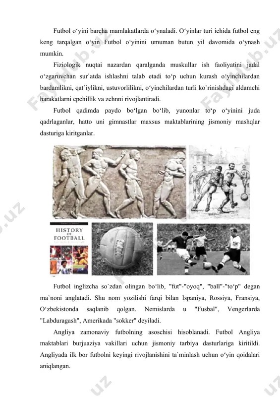 ) yuqori oʻyin sifatini oshirish maqsadida, hozirga qadar futbol qoidalariga oʻzgartirish kiritish haqida hukm chiqaradigan xalqaro kengash tuzildi. 1872 yili chelen koʻchma kubogi uchun musobaqasi oʻtkazildi. 1904 yili hozirda 150 dan ortiq mamlakatlar a`zo boʻlgan xalqaro futbol federatsiyasi (fifa) tuzildi. shu bilan bir qatorda 1954 yili hozirda 34 mamlakat a`zo boʻlgan yevropa futbol ittifoqi (uefa) tuzildi. 1930 yildan boshlab har 4 yilda milliy terma jamoalar uchun futbol boʻyicha jahon chempionati va 1968 yildan beri futbol boʻyicha yevropa chempionati oʻtkaziladi. 1900 yil futbol olimpia sport turiga kiritildi, lekin faqat 1908 yili rasman tan olinib olimpia oʻyinlari dasturiga kiritildi. 1954 yili osiyo futbol konfederatsiyasi (ofk) tuzildi va hozirda 44 dan ortiq mamlakat a`zodir. uefa rahbarligida keyingi kuboklar uchun oʻyinlar oʻtkaziladi: 1956 yil yevropa chempionlari kubogi, 1951 yil kubok sohiblari kubogi va 1971 yil uefa kubogi uchun musobaqalar avval bozor savdo-sotiq kubogi (yarmarka) nomi bilan oʻtkazilgan va bundan ham mamlakatning eng kuchli federatsiya …