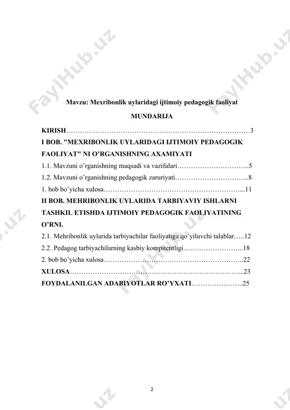 m bolalar va ota-ona qaramog'isiz qolgan bolalar uchun muassasalar faoliyatining mazmuni dolzarb ijtimoiy-pedagogik muammodir. muammoning o’rganilganlik darajasi: mavzuni o’rganish jarayonida muammoning nazariy va uslubiy ishlanganlik darajasini o’rganish mexribonlik uylaridagi ijtimoiy pedagoglar psixologlar tomonidan yetarli darajada tadqiq etilganligini ko’rsatadi. kurs ishining obyekti: mexribonlik uylaridagi ijtimoiy pedagogik faoliyat olib borish jarayoni. kurs ishining predmeti: “mexribonlik uylaridagi ijtimoiy pedagogik faoliyat” mavzusini o’rganishning mazmuni, metodi va shakllari. kurs ishining maqsadi: ma’lumki mehribonlik uylari tarbiyachilari ham ijtimoiy gedagogik faoliyat ning bevosita ishtirokchisidir. chunki ularning lavozim majburiyatlari sirasi tarbiyalanuvchilarni mustaqil xayotga moslashtirish uchun turli tarbiya usullari va vositalaridan foydalanish talabi kiritiladi. yoshlarning mustaqi xayotga moslashuvi esa ijtimoiy ko’nikma va malakalarga asoslanadi. ijtimoiy ko’nikma maalakalar muassasada tashkil etiluvchi tarbiyaviy ishlar jarayonida samarali shakllantiriladi. buning uchun tarbiyachi ijtimoiy ko’nikma va malakalarning moxiyatini bilishni talab etiladi. kurs ishining vazifalari: o’qitish va tarbiyalash jarayonini bog’liq ravishda olib borish, barkamol rivojlangan shaxsni shakllantirish, ularda yuksak madaniy va ma’naviy saviyasini qaror toptirish …