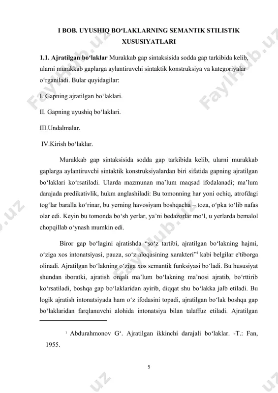 lan birga, bu xil gap konstruksiyasi sodda gap ham boʻlmaydi. chunki tarkibida asosiy predikativ birlikdan tashqari, yarim predikativlik mazmuni boʻlgan ajratilgan gap boʻlagi bor. shuning uchun ajratilgan aniqlovchi yoki ajratilgan izohlovchi ishtirok etgan gap konstruksiyalarini sodda gap bilan qoʻshma gap orasida turuvchi murakkab gaplar deb ajratish zarur boʻladi. gapning ajratilgan boʻlaklari muhim stilistik vositalardan biridir. murakkab fikrni sodda, ixcham va ta'sirli ifodalash usullaridan biri ajratilgan boʻlaklardan foydalanishdir. shuning uchun ham ajratilgan boʻlaklar masalasi grammatika bilangina emas, stilistika, intonatsiya, punktuatsiya masalalari bilan ham bogʻlanadi. ajratilgan boʻlaklar oʻzining grammatik semantik, funksional xususiyatiga koʻra, sintaksisning maxsus sohasi murakkab gap sintaksisining oʻrganish obyektidir. ajratilgan boʻlaklar tilda qadimdan qoʻllanilib kelinadi; bu grammatik kategoriya oʻzining tarixiy evolyutsion taraqqiyot yoʻliga ega. ajratilgan boʻlaklarning ravishdoshli konstruksiyalarining, koʻmakchi konstruksiyalarining koʻp turlarini, ajratilgan aniqlovchilarni deyarli hamma va har qanday yozma yodgorlik tilida uchratish mumkin. ajratilgan boʻlaklarning adabiyotda qoʻllanilishi ham faoldir.[footnoteref:3] buning sababi oʻzbek yozma tilining xalq tiliga yaqinlashib, yanada takomillashishidir. …