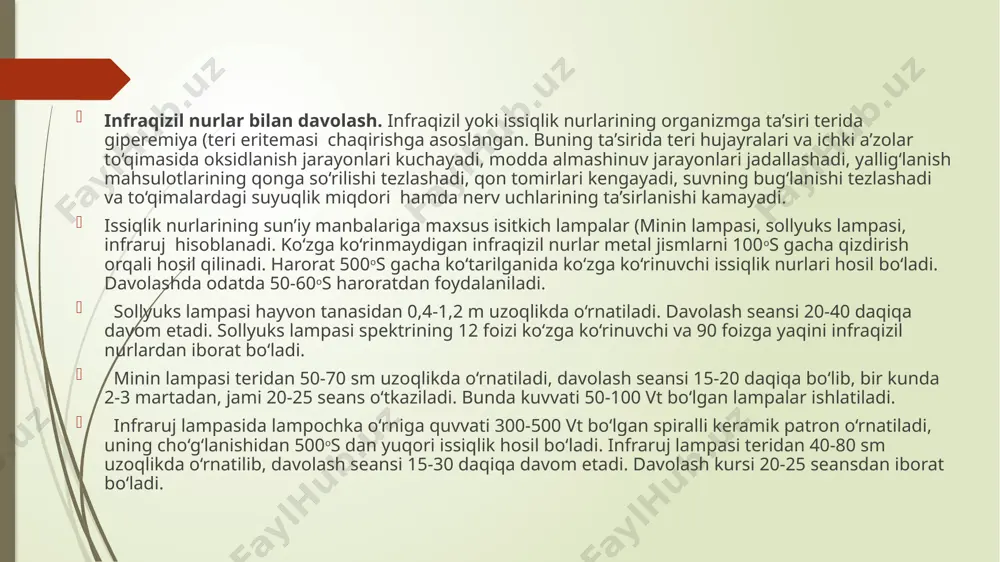 nishi tezlashadi va to‘qimalardagi suyuqlik miqdori hamda nerv uchlarining ta’sirlanishi kamayadi. issiqlik nurlarining sun’iy manbalariga maxsus isitkich lampalar (minin lampasi, sollyuks lampasi, infraruj hisoblanadi. ko‘zga ko‘rinmaydigan infraqizil nurlar metal jismlarni 100os gacha qizdirish orqali hosil qilinadi. harorat 500os gacha ko‘tarilganida ko‘zga ko‘rinuvchi issiqlik nurlari hosil bo‘ladi. davolashda odatda 50-60os haroratdan foydalaniladi. sollyuks lampasi hayvon tanasidan 0,4-1,2 m uzoqlikda o‘rnatiladi. davolash seansi 20-40 daqiqa davom etadi. sollyuks lampasi spektrining 12 foizi ko‘zga ko‘rinuvchi va 90 foizga yaqini infraqizil nurlardan iborat bo‘ladi. minin lampasi teridan 50-70 sm uzoqlikda o‘rnatiladi, davolash seansi 15-20 daqiqa bo‘lib, bir kunda 2-3 martadan, jami 20-25 seans o‘tkaziladi. bunda kuvvati 50-100 vt bo‘lgan lampalar ishlatiladi. infraruj lampasida lampochka o‘rniga quvvati 300-500 vt bo‘lgan spiralli keramik patron o‘rnatiladi, uning cho‘g‘lanishidan 500os dan yuqori issiqlik hosil bo‘ladi. infraruj lampasi teridan 40-80 sm uzoqlikda o‘rnatilib, davolash seansi 15-30 daqiqa davom etadi. davolash kursi 20-25 seansdan iborat bo‘ladi. davolashda quyosh nurlaridan foydalanish. …