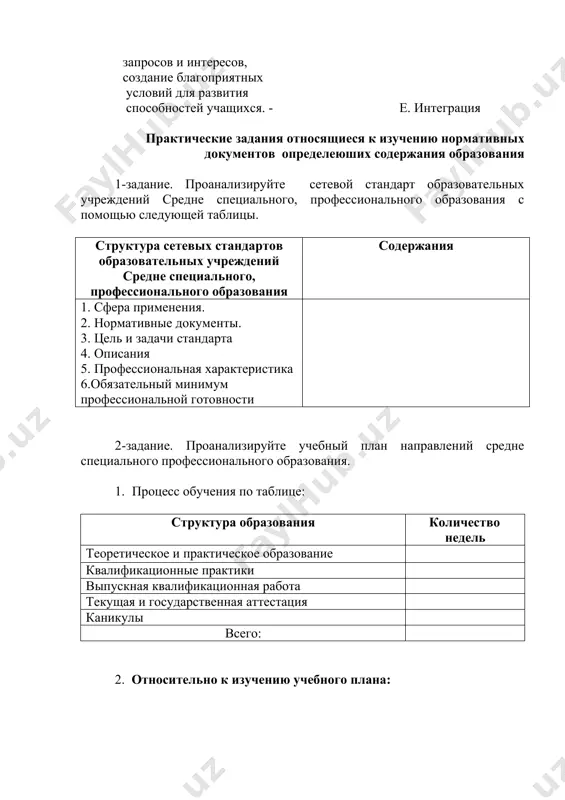 тегрированных курсов и блоков общая учебная нагрузка всего теоретический лабораторный практический семинар кurs ishi самостоятельное обучение 3-задание. проанализируйте по следующей схеме учебную программу какого либо предмета. объяснительное письмо (структура и содержания) основная часть (структура и содержания) список использованной литературы (структура и содержания) запутанная логическая цепочка относящая к определению содержительных и организационно-методических принципов ознакомтесь со следующими принципами образования. разделите их по цели на две (содержительных и организационно-методических) части. 1. гуманизация. 2. сочетание с природой. 3. иллюстративность. 4. сознательность, активность, творческий. 5. сочетание с культурой. 6. понятливость. 7. научность. 8. сочетания образования с практикой. 9. последовательность, систематичность, последовательность. 10. воспитывающее образование. 11. считаться с возрастными и индивидуальными особенностями учеников. 12. уважать личность обучаюшего со справедливыми требованиями. содержательные принципы образования организационно-методические принципы образования