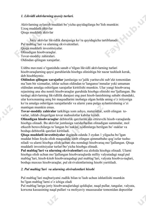 ish maqsadida sotib olingan qimmatbaho qog’ozlar tushu-niladi va ularni hisobga olish uchun shu nomdagi hisobvaraq mo’ljallangan. qisqa muddatli investitsiyalar turlari bo’yicha hisobga olinadi. pul mablag’lari va ularning ekvivalentlari esa alohida hisobga olinadi. ularni hisobga olish uchun mo’ljallangan hisobvaraqlarda milliy valyutadagi naqd pul mablag’lari, hisob-kitob hisobvaraqadagi pul mablag’lari, valyuta hisobva-raqlari, boshqa maxsus hisobvaraqlar, pul ekvivalentlarining hisobi yuritiladi. 2. pul mablag’lari va ularning ekvivalentlari hisobi pul mablag’lari majburiyatni zudlik bilan to’lash uchun ishlatilishi mumkin bo’lgan mablag’larni o’z ichiga oladi pul mablag’lariga joriy hisobvaraqlaridagi qoldiqlar, naqd pullar, tangalar, valyuta, korxona kassasining naqd pullari va moliyaviy muassasalar tomonidan depozitlar va muomaladan chiqarish uchun qabul qilingan korxona kass-sasidagi aniq o’tkazib beriladigan pul xujjatlari kiradi. ushbu o’tkaziladigan pul xujjatlariga oddiy cheklar, kassa orderlari, mijozlar cheklari, pul o’tkaz-malari va boshqa hisob-kitob vositalari kiradi. pul ekvivalentlari - bu pul mablag’lariga o’xshash, lekin boshqacha tasnif-lanadigan aktivlardir. ular xazina veksellari, muomalaga chiqarilgandan so’ng 1 yil muddatdan o’tgach qaytariladigan hukumatning foizsiz …