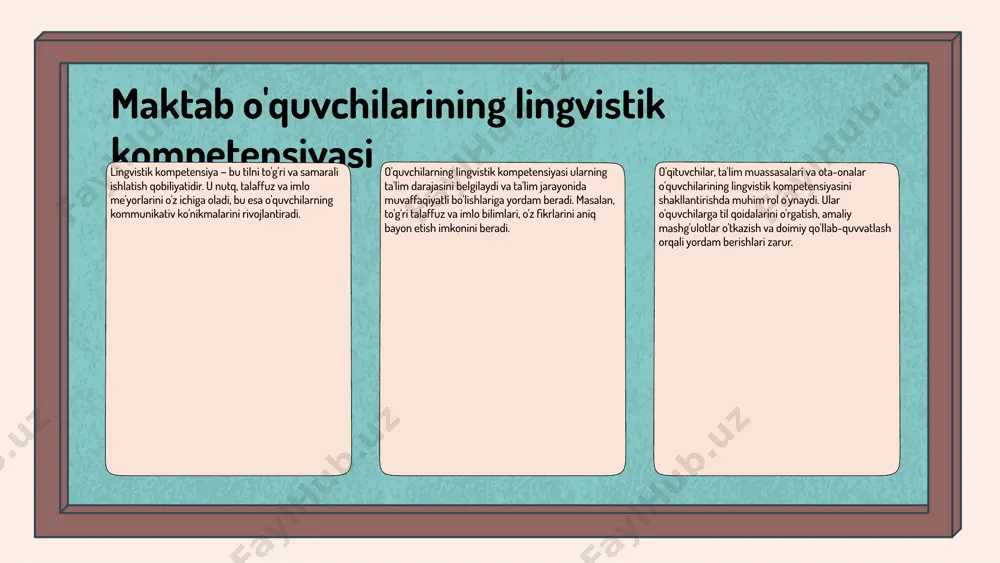 uvofiq "ota" deb yozilishi kerak. 2. "kitob" so'ziga qo'shimcha qo'shganda, "kitoblar" shaklida yozilishi lozim. 3. "ota-onalar" so'zi birlashma sifatida to'g'ri yozilishi kerak. zamonamiz talablariga moslashish zamonamizda ta'lim va nutq me'yorlariga bo'lgan talablar doimiy ravishda o'zgarib bormoqda. o'quvchilardan yuqori darajadagi lingvistik kompetensiya va samarali nutq ko'nikmalari talab qilinadi. o'rta ta'limda zamonaviy yondashuvlar, interaktiv metodlar va axborot texnologiyalaridan foydalanish orqali o'quvchilarning nutq ko'nikmalarini rivojlantirish muhim hisoblanadi. bu yondashuvlar o'quvchilarning faol ishtirokini ta'minlaydi. talabalar uchun zaruriy kompetensiyalar orasida talaffuz, imlo va nutqning jamiyatdagi o'rni haqida tushuncha shakllantirish muhimdir. bu kompetensiyalar nafaqat akademik muvaffaqiyat, balki ijtimoiy hayotda ham muvaffaqiyatli bo'lish uchun zarurligini anglatadi. kompetensiyalarni rivojlantirish usullari o'quv jarayonida interaktiv metodlar, talabalarning faol ishtirokini ta'minlash va ularning o'zaro muloqotini rag'batlantirish uchun muhimdir. bunday yondashuvlar, masalan, guruhli ishlar, rol o'ynash va munozaralar orqali amalga oshiriladi. e'tibor qaratish kerak bo'lgan asosiy jihatlar talabalarning motivatsiyasini oshirish, o'qitish jarayonida o'zaro aloqa va fikr almashinuvini kuchaytirishdir. lingvistik kompetensiyani oshirishda innovatsion …