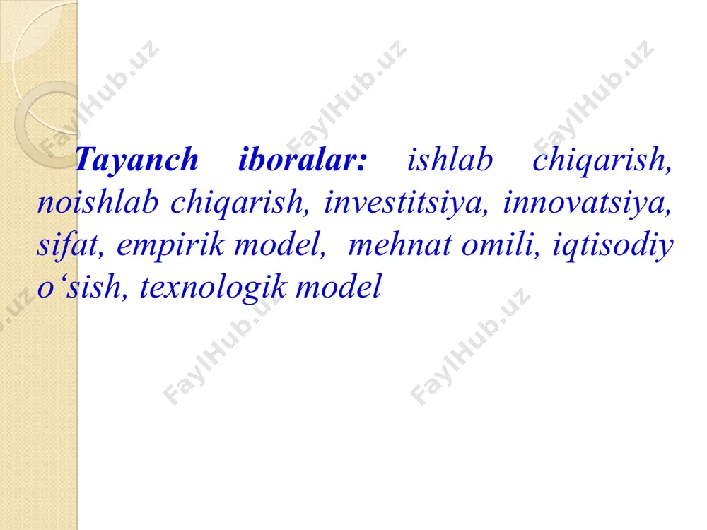 rib chiqiladi. 3. daromadlar va ishlab chiqarish quvvatlarining qo‘shimcha o‘sish sur’atlari tengligi tenglamasi: di (1/μ) = iα bu tenglamani echib quyidagi natijani olamiz: d i / i = μ α (d i / i ) – investitsiyalarning yillik o‘sish sur’ati bo‘lib, ishlab chiqarish quvvatlarini oshirish yordamida to‘liq bandlilikni ta’minlab turish uchun (μ α) miqdorga teng bo‘lishi kerak. bundan xulosa shuki, investitsiyalarning mutanosib o‘sish sur’ati jamg‘arishga chegaralangan moyillik va investitsiyalarning unumdorligi (kapital qaytimi) darajalarining hosilasi ekan. agar μ=0,2 α=0,4 bo‘lsa di/i = 0,2* 0,4=0,08 yoki 8 % demak, investitsiyalarning o‘sish sur’ati 8% bo‘lishi talab etiladi. e.domar moddelidan kelib chiqadigan umumiy xulosa shuki, iqtisodiy o‘sishni ta’minlash uchun investitsiyalar hajmini oshirish, buning uchun esa jamg‘arish meyori hamda fan texnika taraqqiyoti orqali kapitalning samaradorligini oshirish zarur. 8.2. neoklassik modellarning rivojlangan darajasiga va iqtisodiy o‘sishga ta’siri iqtisodiy o‘sishga ta’sir qiluvchi va ishlab chiqarishda amal qiladigan kuchlar - uning omillari hisoblanadi. o‘sish yuz bermasa iqtisodiyot statik …