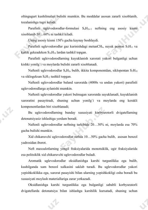 galanishning kechikish davrini uzaytiradi, va dvigatelni kattik ishlashiga olib keladi. neftga termik kayta ishlov berilganda unda olefinli uglevodorodlar (alken) formulasi snh2n va diolefinli uglevodorodlar (alkadiyen) snh2n-2 xosil buladi. bularning asosiy kismi etilein s2h4 va butadiyen s4n6 dan iborat buladi. bu uglevodorodlarda xarorat kutarilishi bilan oksidlanish jarayoni osha boradi, natijada smolali-asfalt moddalarning kupayishiga olib keladi. shuning uchun bularning motor moylari tarkibida bulishi zararli xisoblanadi. uzining tarkibida kislorod bulgan organik kislotalar (naftenli kislota) xam bulishi mumkin. naftenli kislotalar kora metallarga zarar yetkazmaydi, ammo rangli metallar (sink, mis)ga ta’sir kursatib tuz xosil kiladi va karroziyaga olib keladi. smolali-asfalt moddalar murakkab kushimcha bulib, asosan uglerod, vodorod, kislorod, oltingugurtlarning kushilishidan xosil buladi. smolali-asfalt birikmalari ikkita guruxga:-betaraf, neft smolalari, asfalten, karbon va korboid, xamda shur neft smolalarga bulinadi. betaraf smolalar-yarim suyuk okuvchi modda bulib, kora-sarik yoki jigar rangda buladi va kuchli ranglovchi xususiyatga ega, zichligi 1,0g/sm3 ga teng. elementlar tarkibi 80…85% s, 10%n, 5…10%o. empirik formulasi …