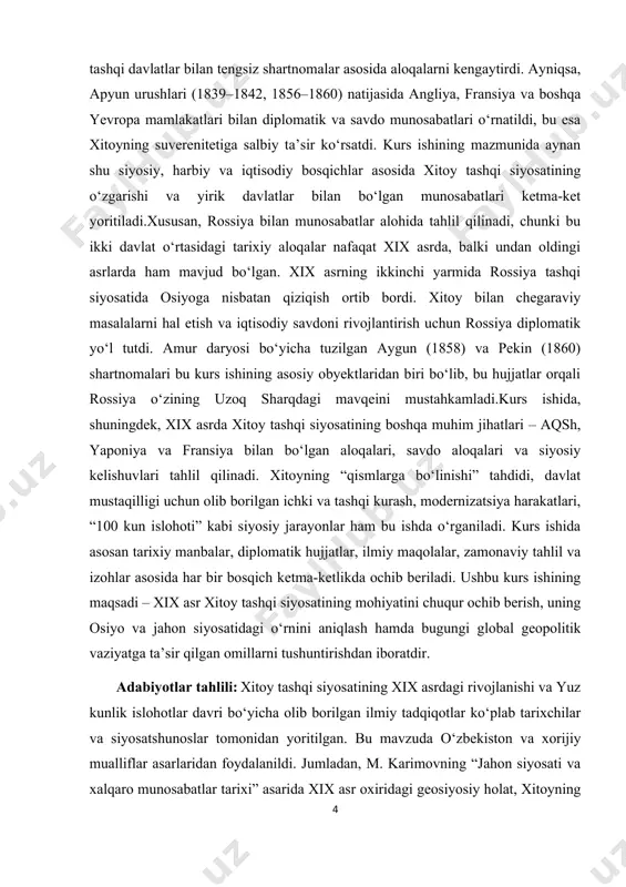 bu manba orqali xitoyning diplomatik imkoniyatlari qanday cheklangani va bu cheklovlarga qarshi olib borilgan islohotlar sabablari tushunarli bo‘ladi.xitoy olimlari – masalan, kang youwei va liang qichao asarlari hamda ular haqida yozilgan tahliliy maqolalar orqali islohotlarning mafkuraviy asoslari, qing sulolasi ichidagi ziddiyatlar yoritilgan. mazkur manbalar islohotchilarning asosiy g‘oyalari va ularning g‘arb tajribasidan qanday ilhom olganini ko‘rsatadi[footnoteref:4].bundan tashqari, yaponiyadagi meiji islohotlari bilan xitoydagi yuz kunlik islohotlar solishtirilgan ayrim tahliliy maqolalarda (masalan, t. takata, “asian reforms compared”, 2015) xitoydagi kechikkan modernizatsiya jarayonining sabab va oqibatlari batafsil ko‘rsatilgan. ushbu manbalar mavzuni chuqur anglash va mukammal tahlil qilishda muhim o‘rin tutdi[footnoteref:5]. [2: karimov m. jahon siyosati va xalqaro munosabatlar tarixi. – toshkent: akademnashr, 2019. – 240 b.] [3: saidov g. xalqaro munosabatlar tarixi. – toshkent: o‘zbekiston milliy ensiklopediyasi nashriyoti, 2016. – 320 b.] [4: qodirov h. sharq mamlakatlarining siyosiy tarixi. – toshkent: iqtisodiyot, 2015. – 180 b.] [5: takata t. asian reforms compared: meiji and …