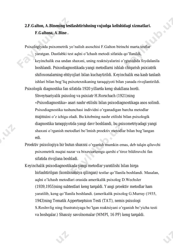 metodlari bo’lmish proektiv metodlar bilan bog’langan edi. proektiv psixologiya bir butun shaxsni o’rganish mumkin emas, deb talqin qiluvchi psixometrik nuqtai nazar va bixeviorizmga qarshi e’tiroz bildiruvchi fan sifatida rivojlana boshladi. keyinchalik psixodiagnostikada yangi metodlar yaratilishi bilan birga birlashtirilgan (kombinatsiya qilingan) testlar qo’llanila boshlandi. masalan, aqlni o’lchash metodlari orasida amerikalik psixolog d.wechsler (1939,1955)ning subtestlari keng tarqaldi. yangi proektiv metodlar ham yaratilib, keng qo’llanila boshlandi. (amerikalik psixolog g.murray (1935, 1943)ning tematik appertseptsion testi (tat), nemis psixologi s.roslnvlig ning frustratsiyaga bo’lgan reaktsiyani o’rganish bo’yicha testi va boshqalar.) shaxsiy savolnomalar (mmpi, 16 pf) keng tarqaldi. sobiq sovet psixologiyasida diagnostik metodlardan foydalanish o’z tarixiga ega. bu jarayonda shartli ravishda 2 bosqichni ajratish mumkin. birinchi bosqich 20 yillarning boshidan 30 yillarning o’rtasigacha bo’lgan davrni o’z ichiga oladi. bu davrda pedagogika va psixotexnikada test metodlari keng tarqaldi. bunga bog’liq ravishda pedalogiya bola haqidagi fan rivojlana boshlandi. uning predmeti bolalar hayotini o’rganish, irsiyatning rolini aniqlash, jismoniy va ma’naviy …