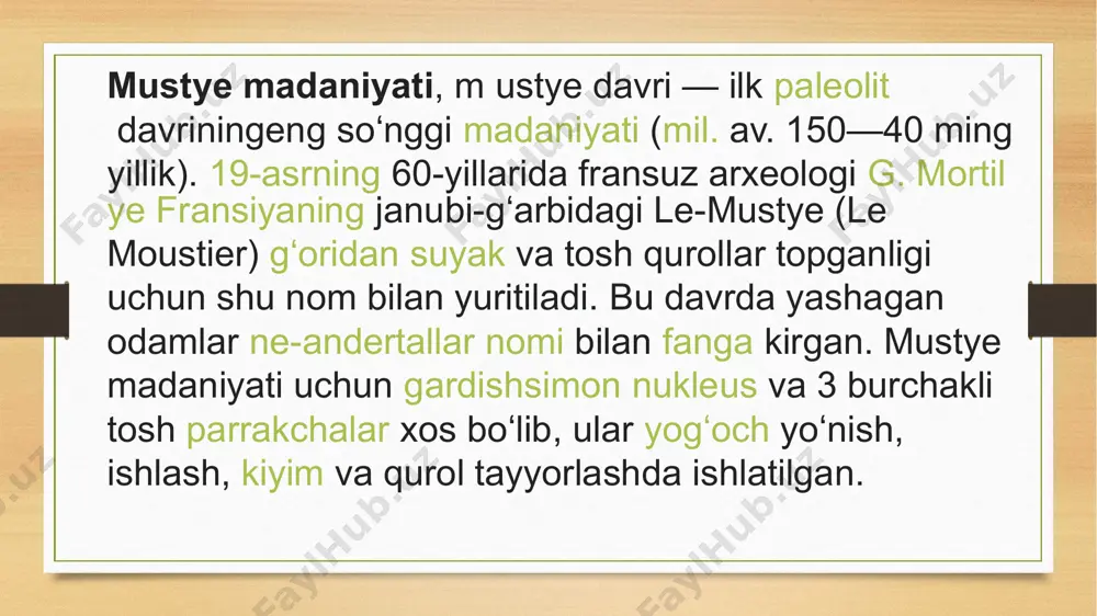 ʻx daryosidagi makonlar), navoiy viloyati (uchtut)da mustye madaniyati yodgorliklari topilgan va tekshirilgan. hozirgi vaqtda oʻrta osiyoda neandertal zamondoshlari yashagan makonlar 90 dan ortiq joyda uchratilgan. teshiktosh gʻori - mustye madaniyatiga mansub neandertallartshg makoni. surxondaryo viloyati boysun tumanidagi turgandaryoning zovtalashgansoy darasida, dengiz sathidan 1500 m bal.da joylashgan. gʻorning shipi teshik, nomi ham shundan, kirish qismi shim.sharq tomonga qaragan boʻlib bal. 7 m, eni 20 m, uz. 21 m. uning umumiy maydoni 300 kv m boʻlib, shundan 100 kv. m joy i neandertallar yashaganligidan guvoxlik beruvchi arxeologik materiallarga ega. t.gʻ. yashash uchun qulayligi tufayli gʻorni vaqtvaqti bilan suv bosib turishiga qaramasdan neandertal odamlar uni butunlay tark etmaganlar. gʻorni birinchi marta 1938—39 yillarda a. p. okladnikov oʻrgangan . t.gʻ. 5 ta madaniy qatlamdan iborat boʻlib, bu manzilgoh bir necha marotaba tark etilganidan dalolat beradi. gʻorning har bir qatlamida bittadan va baʼzilarida ikkitadan gulxan qoldiqlari saqlanib qolgan. gulxanlar atrofida koʻplab togʻ echkisi, bugʻu, sirtlon, …