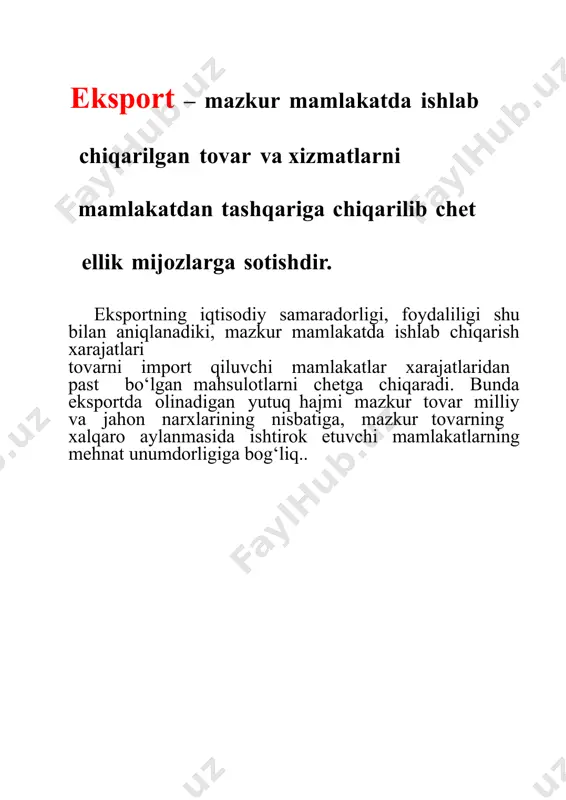 yor mahsulotlarimiz eksportining 50 foizi, ayrim tovarlar bo‘yicha esa 80 foizi rossiya, qozog‘iston, qirg‘iziston hissasiga to‘g‘ri keladi”30. 7 30 o‘zbekiston respublikasi prezidenti shavkat mirziyoyevning oliy majlisning senati va qonunchilik palatasiga murojaatnomasi (24.01.2020) // xalq so‘zi gazetasi, 2020 yil 25 dekabr. 3.2-jadval o‘zbekistonda eksport va importning tovar tarkibi, foizda31 99 tovarlar guruhi eksport va importning umumiy hajmidagi ulushi, foizda 2010 2012 2014 2015 2016 2017 2018 2019 eksport 100 100 100 100 100 100 100 100 paxta tolasi 11,3 14,6 7,7 6,1 5,1 3,4 1,6 1,6 oziq-ovqat 9,7 2,6 12,4 10,8 8,5 6,3 7,8 8,5 kimyo mahsulotlari 5,1 8,3 4,7 5,1 6,7 6,4 6,5 4,9 energetika mahsulotlari 24,8 13,5 23,0 22,1 13,6 13,8 19,1 14,1 qora va rangli metallar 6,8 14,5 7,2 6,8 5,7 6,6 8,4 7,3 mashina va uskunalar 5,5 0,4 4,0 1,3 1,8 2,6 1,5 2,5 xizmatlar 9,1 23,0 22,4 25,2 25,5 25,2 21,9 19,9 boshqalar 27,7 22,2 18,6 …