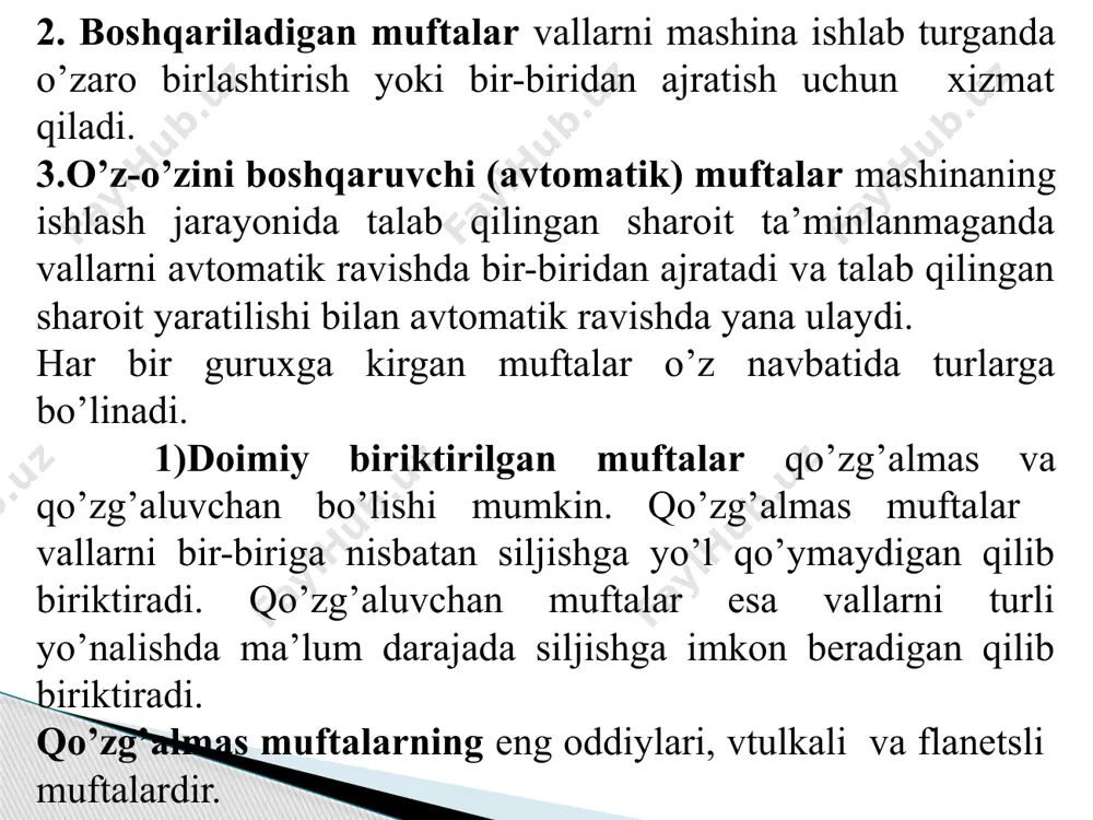 ozlikda ishlatiladigan muftalar turlariga izoh bering. doimiy biriktirilgan muftalarning afzallik va kamchiliklari. vtulkali muftalarni tuzilishi va hisolanishini bayon eting. flanetsli muftalar haqida ma’lumot bering. tishli muftani tuzilishi va hisolanishini bayon eting. vtulka-barmoqli muftaning tuzilishi, ishlatilishi va hisobi. elastik muftaning funktsiyasi nimadan iborat? boshqariladigan mufta turlariga izoh bering. kardan sharnirli mufta nima uchun ishlatiladi? ko’pgina muftalarni hisoblashda qanday kuchlanishlar asosiy belgilovchi hisoblanadi? saqlagich muftalarning turlariga izoh bering. saqlagich muftalarni ishlatilishida vallarning o’qdoshligiga qo’yilgan talablar? kesiluvchi elementli saqlagich muftalar va ularni hisobash. boshqariladigan kulochokli muftalarning afzallik va kamchi-liklari. sinmaydigan elementli kulachokli saqlagich muftani tuzilishi. image2.png image3.wmf image4.png image5.png image6.png image1.jpeg /docprops/thumbnail.jpeg