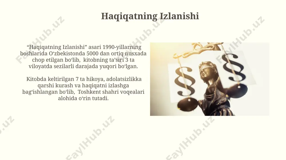 olatsizlik natijasida 5 yildan ortiq davom etgan sud jarayonlari 20% ga koʻpaygan, bu esa odamlarning ishonchini pasaytirib, iqtisodiyotga 3 milliard soʻm zarar yetkazgan. adolatli boʻlmagan soliq siyosati tufayli qashqadaryo viloyatida 2023-yilning birinchi choragida kichik biznes sub'ektlarining 30% bankrot boʻlgan, bu esa 500 dan ortiq ish oʻrinini yoʻqotishiga sabab boʻlgan. haqiqatning adolatga ta'siri adolatli sud jarayonida haqiqatning ahamiyati 1990-yillardagi andijon voqealari bo‘yicha o‘tkazilgan tergovlar natijalari bilan aniq tasdiqlanadi, chunki to‘liq haqiqatni aniqlash ko‘plab begunoh odamlarning ozod qilinishiga olib keldi. haqiqatning oshkor bo‘lishi, masalan, 2023-yilda toshkentda sodir bo‘lgan korrupsiya ishi bo‘yicha 50 dan ortiq guvohning ko‘rsatuvlari, adolatli hukm chiqarilishini ta'minladi. haqiqatni himoya qilish “haqiqatni himoya qilish” tushunchasi o‘zbekiston respublikasining 2017-yil 21-dekabrdagi “ommaviy axborot vositalari to‘g‘risida”gi qonunining 15-moddasida, matbuot erkinligini himoya qilish kontekstida tilga olinadi. surxondaryo viloyatida 2023-yilda o‘tkazilgan 3 kunlik seminar “haqiqatni himoya qilish” strategiyasini tadqiq qilib, 50 dan ziyod fuqaro jamiyati vakillariga axborotni tekshirish va noto‘g‘ri ma’lumotlar bilan kurashish bo‘yicha amaliy …