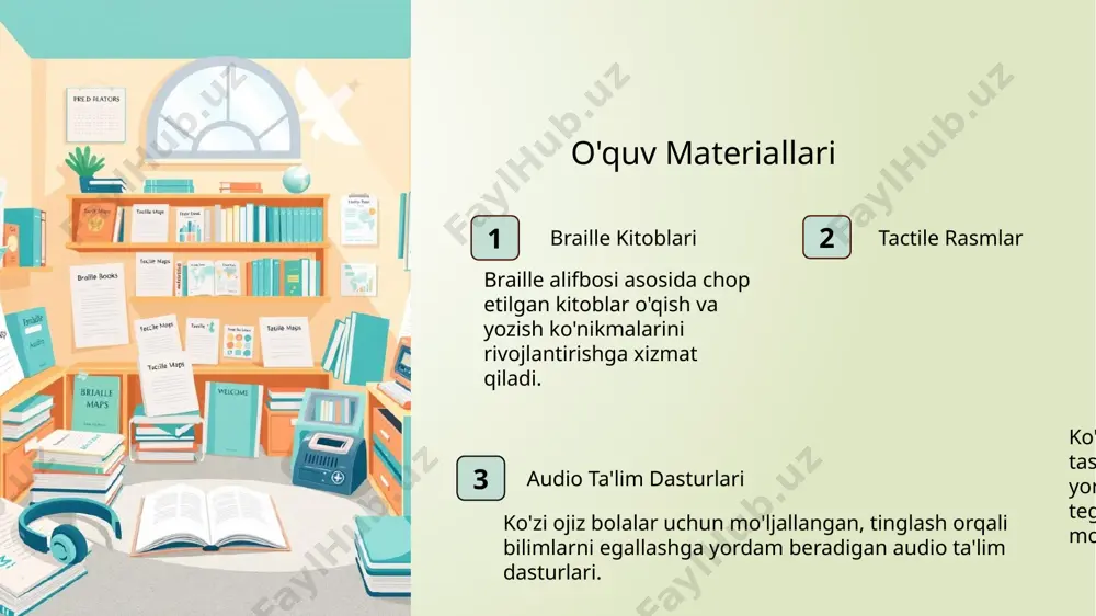 shaxsiy gigiena kabi kundalik faoliyatlarni bajarishni o'rgatish. harakatlanish ko'nikmalari yurish, yugurish, zinapoyadan chiqish kabi harakatlanish ko'nikmalarini takomillashtirish. ijtimoiy ko'nikmalar boshqalar bilan muloqot qilish, hamkorlik qilish, o'zini tutish odob-axloq qoidalarini o'rgatish. moslashtirilgan muhitni yaratish 1 xavfsizlik xavfsizlik choralarini kuchaytirish, to'siqlarni olib tashlash. 2 qulaylik o'tirish, harakatlanish, o'qish uchun qulay sharoit yaratish. 3 aksessuarlar braille kitoblari, audio asboblar, tactile materiallarni taqdim etish. 1 2 3 qobiliyatlarni baholash ko'zi ojiz bolalarning qobiliyatlarini aniqlash va ularga mos ish joylarini tanlash. mehnat faoliyatini tashkil etish maxsus ta'lim kasb-hunar ta'limi va ishga tayyorlash bo'yicha maxsus dasturlarni tashkil qilish ishga joylashtirish ko'zi ojiz bolalar uchun inklyuziv ish joylari va imkoniyatlar yaratish. image1.png image2.png image3.png image4.jpeg image5.png image6.png image7.png image8.png image9.png image10.png image11.png image12.png image13.png image14.png /docprops/thumbnail.jpeg