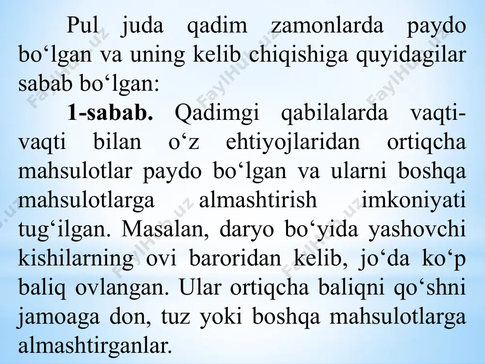 . pul har qanday buyumga aylanish sehriga qodir. pulni istemolga kiritilishi insoniyat taraqqiyoti uchun bug‘ mashinasini, temir yo‘l yoki telefonni kashf etishdan kam axamiyatga ega emas. pul ko‘p mehnat va vaqtni tejaydi. hech qanday mashina bunchalik ko‘p ishni bajara olmaydi va inson kuchini bunchalik tejay olmaydi. pul xalqlar o‘rtasida mehnatni taqsimlashga imkon berdi hamda iqtisodiyot va turli mamlakatlar o‘rtasidagi aloqani rivojlantirdi. pul odamlarni bir joyga mixlanib qolishdan ozod etdi, xayot uchun kerakli bo‘lgan narsalarni mehnat qilsa bo‘ladigan, ayriboshlash va savdo qilish mumkin bo‘lgan har qanday yerdan topish imkonini berdi. “pul o‘zidan ketgan janobdir, biroq qobil xizmatkor juda” b e k o v. kishilar har doim pul topishga harakat qiladilar, pul esa ular uchun xizmat qiladi. 3. bozor iqtisodiyoti sharoitida pul-tovar munosabatlarining o‘rni va rivojlanishi. pul bozor iqtisodiyotining eng muhim omillaridan biri bo‘lib, iqtisodiyotning «qoni»dir. iqtisodiyot pul bilan tirik. pul bo‘lmagan joyda bozor iqtisodi bo‘lishi mumkin emas. bozor iqtisodiyotida tovarlar va …