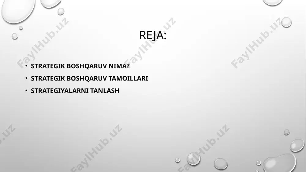 izmat ko'rsatish va innovatsiyalar orqali raqobatni kuchaytirish. 4. rejalashtirish va amaliyotga o'tkazish rejalashtirish jarayoni: strategiyalarni amalga oshirish uchun batafsil reja ishlab chiqish. resurslarni boshqarish: moliyaviy va insoniy resurslarni samarali taqsimlash va boshqarish. 5. monitoring va baholash natijalarni baholash: amalga oshirilgan strategiyalarning natijalarini tahlil qilish. o'zgarishlar kiritish: zarur bo'lganda strategiyalarda o'zgarishlar kiritish va yangilanishlar. 6. moslashuvchanlik o'zgaruvchan muhitga moslashish: bozor sharoitlari va raqobatchilar faoliyatiga tezda moslashish qobiliyati. 7. jamoa ishlash jamoaviy ish: strategik boshqaruv jarayonida barcha darajadagi xodimlarning ishtirokini ta'minlash. strategiyalarni tanlash strategiyalarni tanlash — bu tashkilotning maqsadlariga erishish uchun eng mos keladigan yo‘nalishlarni belgilash jarayonidir. bu jarayon quyidagi asosiy strategiyalardan iborat: bozor o'sishi: yangi bozorlar: tashkilotning mavjud mahsulotlarini yangi geografik hududlarga yoki segmentlarga kirish orqali o'sishini ta'minlash. yangi mahsulotlar: mavjud bozor uchun yangi mahsulotlar ishlab chiqarish va taklif etish. integratsiya strategiyalari: vertikal integratsiya: ta'minot zanjirining yuqori yoki pastki bosqichlariga kirish orqali nazoratni kuchaytirish. gorizontal integratsiya: raqobatchilarni sotib olish yoki birlashish …