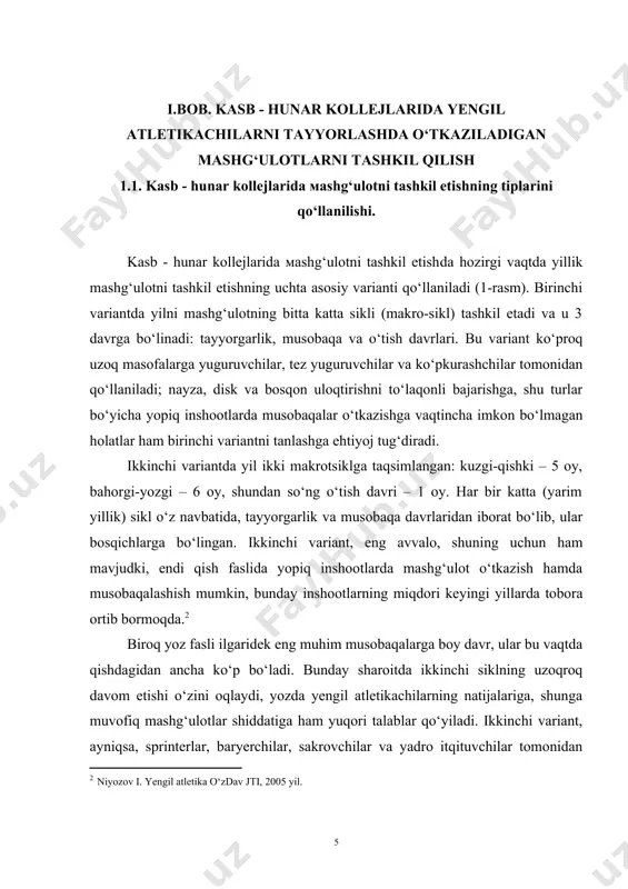 agi tanaffuslarda – tayyorgarlik darajasini qо‘llab-quvvatlab turish uchun mashg‘ulotlar о‘tkazish hamda faol dam olish. rejalashtirishning kо‘rsatilgan uchta asosiy variantidan tashqari boshqa, alohida sabablarga kо‘ra tuziladigan variantlari ham bor. masalan, yaxshi texnikaga ega bо‘lmagan langarchо‘p bilan sakrovchi mashg‘ulotni bosqich va davrlarga taqsimlamay, yil davomida texnikani о‘zlashtirishi, takomillashtirishi, zarur bо‘lsa, hatto musobaqalarda ham ishtirok etmasligi mumkin. jiddiy jarohat, uzoq davom etgan kasallik yoki mashg‘ulotlardagi 1-2 yillik tanaffusdan keyin ham alohida rejalashtirish zarur bо‘ladi. о‘zbekiston birinchiligi va xalqaro musobaqalarda ishtirok etadigan sportchilar uchun ular shug‘ullanadigan hududlarning iqlimiy sharoitlaridan qat’i nazar, yillik mashg‘ulotni muddatiga kо‘ra bir xil davrlashtirish lozim. boshqa yengil atletikachilar uchun bu muddatlar mahalliy sharoitga moslashtirish kerak. 1-rasm. yillik mashg‘ulotlarni davrlashtirish variantlarining taxminiy sxemasi. 1-rasm har xil holatda start a b v g 2 - rasm mashg‘ulotning tayyorgarlik davri mashg‘ulot davrlarining muayyan muddatlariga musobaqalar taqvimi jiddiy ta’sir kо‘rsatadi. mashg‘ulot jarayoni musobaqalar muddatini hisobga olgan holda rejalashtirilishi kerak. musobaqalar taqvimining tuzilishi musobaqalar davrlarining …