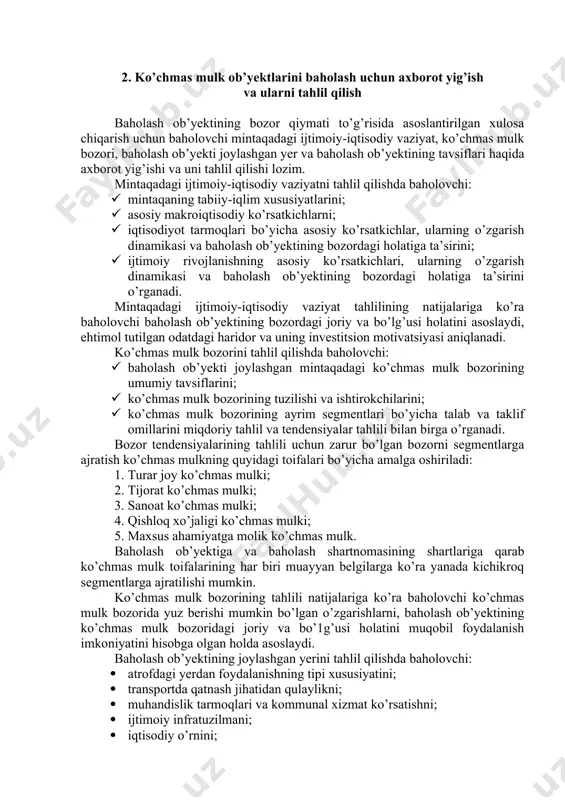 mashinalar va asbob-uskunalar binolarning quyidagi xizmat ko’rsatish tizimlariga kiradi: elektr ta’minoti – noishlab chiqarish ehtiyojlarini qondirish uchun mo’ljallangan markaziy quvvatlantiruvchi kabellar, transformatorlar, qalqonli, zaxiradagi generatorlar va elektr tarmoqlari; gaz ta’minoti – gaz stansiyalarigacha va ularning doirasidagi gaz quvur yo’llari, shuningdek noishlab chiqarish ehtiyojlarini qondirish uchun mo’ljallangan binolar doirasidagi gaz quvur yo’llari; suv ta’minoti – rezervuarlar, quduqlar va skvajinalar, nasoslar, suv tozalash uskunalari, baklar, taqsimlash tarmoqlari, drenaj qurilmalari va kanalizatsiya tizimlari; isitish va havo haroratini maqbullashtirish – qozonlar va tegishli asbob-uskunalar, yonilg’i baklari, radiatorlar, kaloriferlar, konditsionerlar uchun asbob-uskunalar, havo yo’naltirish quvurlari, ventilyatorlar va noishlab chiqarish maqsadlarida foydalaniladigan boshqa asbob-uskunalar; liftlar va yuk ko’targichlar – bino tuzilmasining ajralmas qismini shakllantiradigan va notijorat maqsadlarida foydalaniladigan yo’lovchi va yuk liftlari, eskalatorlar, transportyorlar, yuk ko’targichlar va tayanchlar. qiymat turini tanlashning asosiy mezoni baholash maqsadidir. ko’chmas mulkni baholashda aniqlanadigan qiymatning asosiy turi bozor qiymatidir. ko’chmas mulk qiymatini baholashda aniqlanishi mumkin bo’lgan bozor qiymatidan boshqa turdagi qiymatlarga …