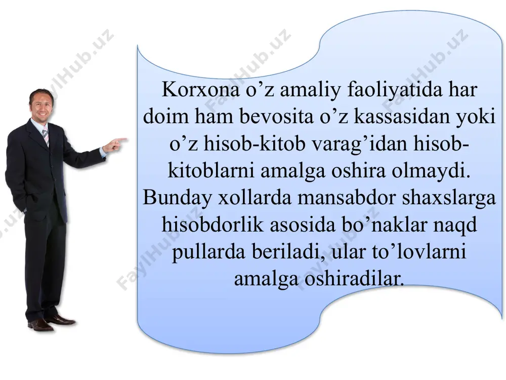 ing qarzlari"; 4790—"xodimlarning boshqa qarzlari". xodimlarning boshqa operatsiyalar bo’yicha qarzini hisobga oluvchi schyotlar (4700)ning bog’lanishi t/r xo’jalik muomalalarining mazmuni uzatma dt kt 1 savdo korxonalari tomonidan xodimlarga kreditga sotilgan tovarlar uchun o’tkazib berildi 4710 51105530 2 kreditga olingan tovarlar bo’yicha xodimlarning qarzi uchun bank kreditlari olindi 4710 6810 7810 3 kreditga olingan tovarlarning to’lovi uchun xodimlardan kelib tushgan navbatdagi to’lovlar summasi 5010, 5110 4710 4 kreditga olingan tovarlar uchun xodimlarning mehnat haqidan ushlab qolingan to’lovlar 6710 4710 5 xodimlarga berilgan qarzlar summasi 4720 50105530 6 asosiy vositalar va nomoddiy aktivlarning kamomadi uchun aybdor shaxslardan undiriladigan summalar 4730 9210 9220 7 tovar-moddiy qiymatliklarning kamomadi uchun aybdor shaxslardan undiriladigan summalar 4730 10102990 8 inventarizatsiya natijasida kassadagi pul mablag’lari va pul ekvivalentlarining kamomadi 4730 5010 5020 5610 har xil tashkilot va shaxslar bilan o’zaro hisob-kitob munosabatlarida korxonada tugallanmagan hisob-kitoblar bo’yicha debitorlik va kreditorlik qarzlari yuzaga keladi. debitor — muayyan korxonadan pul qarzi bo’lgan …