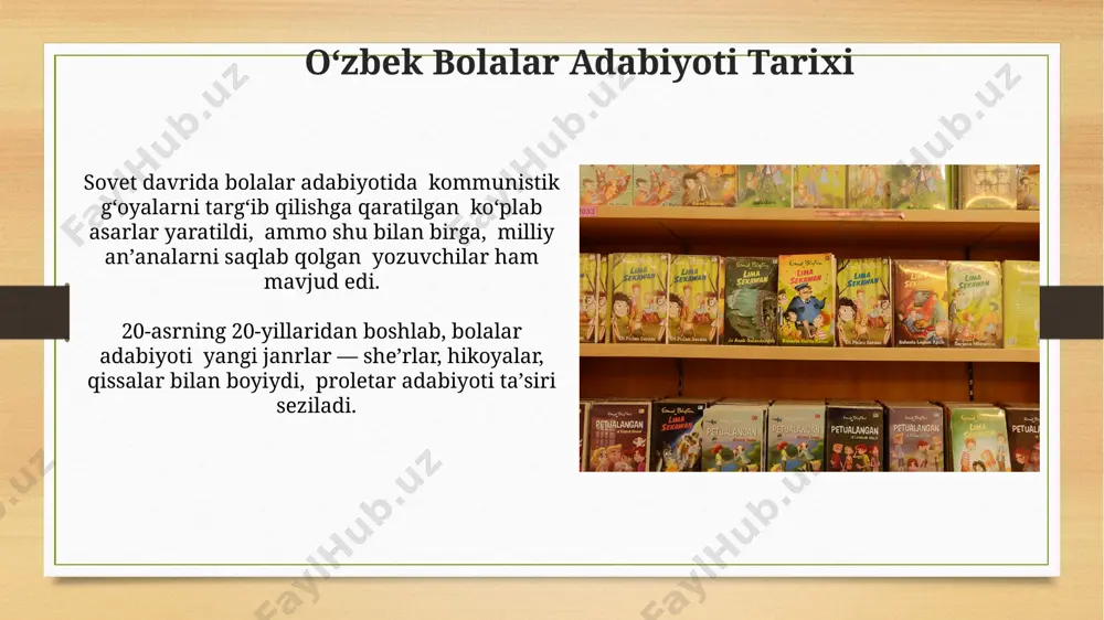 d muallifning asarlari joy olgan. "hikoyalar va qissalar" to'plamining nashrlar soni 100 000 dan oshgan bo'lib, uning ommaviyligi va bolalar orasidagi mashhurligini ko'rsatadi. zamonaviy bolalar adabiyoti zamonaviy bolalar adabiyotida interaktiv elementlar, masalan, topshiriqlar, jumboqlar va o'yinlarning qo'llanilishi 15% ga oshdi, bu o'quv jarayonini yanada qiziqarli qiladi. bolalar uchun yozilgan she'rlar, hikoyalar va ertaklarning 30% dan ortig'i ekologik mavzularda bo'lib, yosh avlodni tabiatni muhofaza qilishga undaydi. vatanparvarlik mavzusi mustaqillikdan keyingi davrda vatanparvarlik mavzusi yangi talqinlarga ega boʻlib, tarixiy voqealar va milliy qahramonlar haqidagi 20 dan ortiq kitoblar yosh avlodni vatanga muhabbat ruhida tarbiyalashga qaratilgan. vatanparvarlik mavzusi boʻyicha 19-asr oxiri va 20-asr boshlarida yozilgan bolalar adabiyoti asarlarida, qahramonlarning jasorati va fidoyiligi orqali milliy g‘urur va mustaqillik g‘oyalari 50 dan ortiq hikoyalar orqali gavdalantirilgan. tarbiyaviy hikoyalar ushbu to'plamda oilaviy qadriyatlar, do'stlik, halollik kabi muhim tushunchalarni aks ettiruvchi 30 dan ziyod muallifning asarlari joy olgan. “tarbiyaviy hikoyalar”da 5 yoshdan 10 yoshgacha bo‘lgan bolalar uchun …