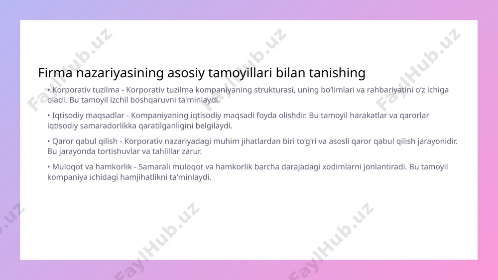 ozorlarni ochish imkoniyatini taqdim etadi. bu raqobatda muvaffaqiyatga erishish uchun zarurdir. • mijozlarni qondirish - innovatsiyalar mijozlar ehtiyojlarini aniqlash va ularning istaklarini qondirishda muhim rol o'ynaydi. bu eso sodiq mijozlarni jalb qiladi. • samaradorlik va rentabellik - innovatsiyalar jarayonlarni samarali o'tkazishga yordam beradi. bu esa korxonaning iqtisodiy rentabelligini oshiradi. mijozlar bilan aloqalarni boshqarish tamoyillari • mijozni tushunish - mijozlarni yaxshi tushunish, ularning ehtiyojlarini aniqlash va qoniqtirishga imkon beradi. bu firmalar uchun mustahkam aloqalar o'rnatishga yordam beradi. • ochiq muloqot - mijoz bilan ochiq muloqot qilish ishonch yaratadi. mijozlarning fikrlarini tinglash va ularni qadrlash kompaniya imijini mustahkamlashga hissa qo'shadi. korxona etikasi va ijtimoiy mas'uliyat • korxona etikasi - korxona etikasi tushunchasi biznesning axloqiy tamoyillarga asoslanishini ifodalaydi. u xaridorga, xodimlarga va jamiyatga nisbatan mas'uliyatni anglatadi. • ijtimoiy mas'uliyat - ijtimoiy mas'uliyat korxonalar tomonidan jamiyatga qilingan hissa va qoidalar bo'yicha majburiyatlarni o'z ichiga oladi. bu, masalan, ekologik tabiatiy muvozanatni saqlashni o'z ichiga oladi. …