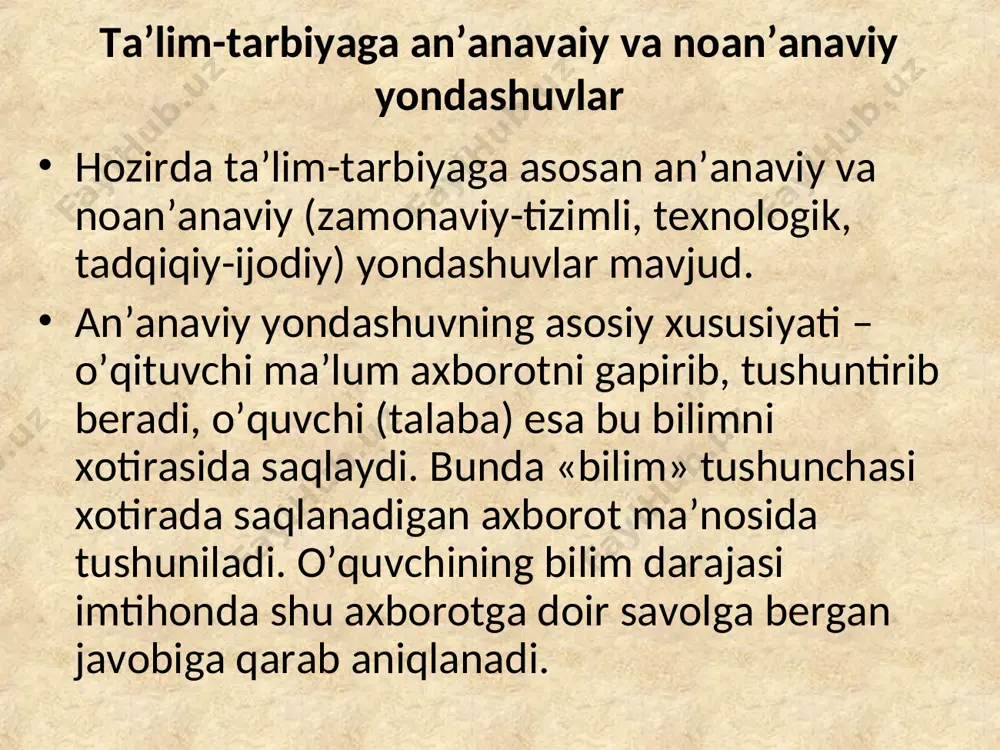 yagona ta’lim jarayonining ikkita subyekti hamkorlikda o'quv-tarbiyaviy vazifalarni hal etadi. demokratlashtirilgan jarayonni insonparvarlashtirish o'quv-tarbiyaviy jarayonning maqsadini amalga oshirish, tahsil oluvchilarning o'quvbilish va ma’naviy ehtiyojlarini qondirish, o'quv mehnatining xarakteri va mazmunini o'zgartiradi va shaxsning uyg'unlikda rivojlanishiga qulay psixologik muhit yaratadi. o'qitish jarayonini demokratlashtirishning tub mohiyati o'quvchilarning o'quv-bilish faoliyatini tashkil etishda ularga tanlash imkoniyati berilishidir. biologiya o'qituvchisi o'quvchilarning bilish faoliyatini tashkil etishda o'quvchilarning xohishiga ko'ra individual tarzda, juftlikda yoki kichik guruhlarda tashkil etishi lozim. biologik ta’limni differensiallashtirish va individuallashtirish texnologiyasidan foydalanish yo’llari differensiya lotincha («difference») so'zidan olingan bo'lib, u yaxlit narsani turli darajadagi shakl va bo'limlarga ajratish ma’nosini beradi. ta’limni differensiallashtirish: 1. o'quvchilarni o'quv jarayoni uchun ahamiyatli bo'lgan xususiyatlariga ko'ra guruhlarga ajratib tashkil etiladigan o'quv jarayonining ma’lum bir shakli; 2. o'quv jarayonini tashkil etish didaktik tizimining bir qismi bo'lib, unda tahsil oluvchilarning har xil darajadagi guruhlarida maxsus o'qitish jarayoni tashkil etilishini ta’minlaydi. differensial ta’lim texnologiyasi o'quv jarayonining muayyan qismining didaktik maqsadini amalga …