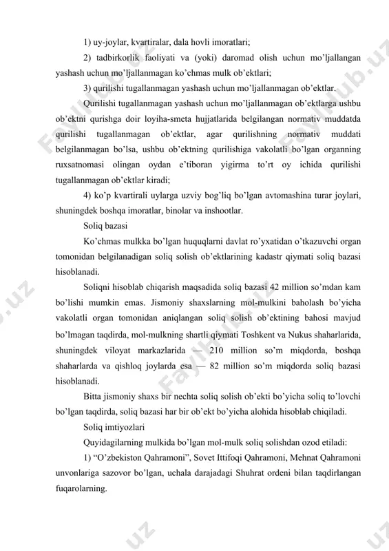 nechta soliq solish ob’ekti bo’yicha soliq to’lovchi bo’lgan taqdirda, soliq bazasi har bir ob’ekt bo’yicha alohida hisoblab chiqiladi. soliq imtiyozlari quyidagilarning mulkida bo’lgan mol-mulk soliq solishdan ozod etiladi: 1) “o’zbekiston qahramoni”, sovet ittifoqi qahramoni, mehnat qahramoni unvonlariga sazovor bo’lgan, uchala darajadagi shuhrat ordeni bilan taqdirlangan fuqarolarning. 2) urush nogironlari va qatnashchilari, shuningdek doirasi qonunchilik bilan belgilanadigan ularga tenglashtirilgan shaxslar. 3) sobiq sssrni, o’zbekiston respublikasining konstitutsiyaviy tuzumini himoya qilish yoxud harbiy xizmatning yoki ichki ishlar organlaridagi va o’zbekiston respublikasi milliy gvardiyasidagi xizmatning boshqa majburiyatlarini bajarish chog’ida yaralanganligi, kontuziya yoki mayib bo’lganligi oqibatida yoxud frontda bo’lish bilan bog’liq kasallik tufayli halok bo’lgan harbiy xizmatchilarning hamda ichki ishlar organlari va o’zbekiston respublikasi milliy gvardiyasi xodimlarining ota-onalari hamda beva xotinlari (beva erlari). 4) energiya resurslarining amaldagi tarmoqlaridan to’liq uzib qo’yilgan turar joylarda qayta tiklanadigan energiya manbalaridan foydalanuvchi shaxslar qayta tiklanadigan energiya manbalari o’rnatilgan oydan e’tiboran uch yil muddatga; 5) yetim bolalar va ota-ona qaramog’idan …
