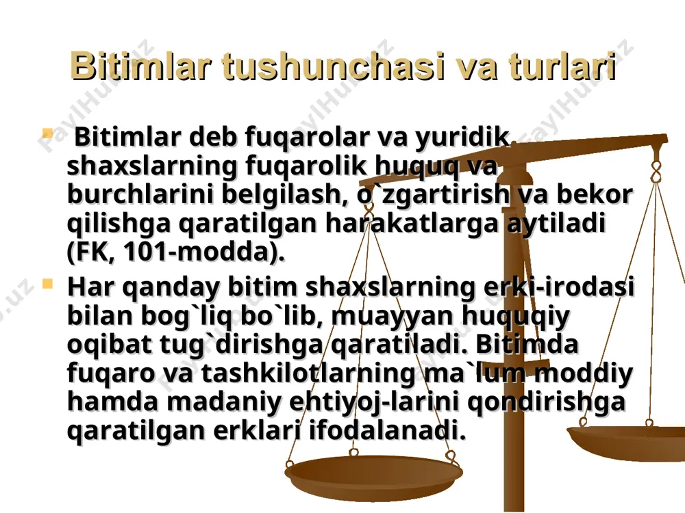 bitimlarning mazmuni qonunga va qonun asosida chiqarilgan aktlarga, umuminsoniy qoidalarga muvofiq bo`lishi; ikkinchidan, bitimlarni tuzuvchi shaxslar muomala layoqatiga ega bo`lishlari; uchinchidan, bitimlar ko`rinish uchungina tuzilmay, balki chindan ham yuridik oqibat tug`dirish maqsadida tuzilgan bo`lishi; to`rtinchidan, notarial guvohlantirishi yoki davlat ro`yxatidan o`tkazilishi lozim bo`lgan bitimlar haqiqiy sanalmasligi xavfi ostida qonun bilan talab qilingan shaklda rasmiylashtirilishi kerak. shuningdek, xo`jalik shartnomalarini xo`jalik yurituvchi subyektlar yuridik xizmati (yoki advokati)ning imzosisiz tuzishga yo`l qo`yilmaydi. ayni vaqtda, qonun hujjatlarida belgilangan eng kam ish haqining ikki yuz baravaridan ortiq summadagi shartnoma-lari yuridik xizmati (yoki advokati)ning yozma xulosasidan keyin-gina tuziladi[95]. yuqorida ko`rsatilgan talablarga rioya qilinmay tuzilgan bi-timlar tuzilgan paytdan e`tiboran o`z o`zidan haqiqiy sanalmaydi. bunday bitimlar mutlaq haqiqiy sanalmaydigan bitimlar deb atalib, hech qanday huquq va majburiyatlarni vujudga keltirmaydi. o`z-o`zidan haqiqiy sanalmaydigan bitim turlari va ularning huquqiy oqibatlari qonun hujjatlari talablariga muvofiq kelmaydigan mazmun-dagi bitim, shuningdek huquq-tartibot yoxud axloq yoki axloq asos-lariga atayin qarshi maqsadda tuzilgan bitim, fkning …