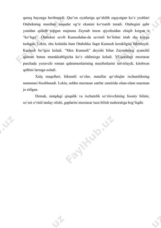 yanchli qismati butun murakkabligicha ko‘z oldimizga keladi. yuqoridagi muxtasar parchada yozuvchi roman qahramonlarining musibatlarini tasvirlaydi, kitobxon qalbini larzaga soladi. xalq maqollari, hikmatli so‘zlar, matallar qo‘shiqlar ixchamlikning namunasi hisoblanadi. lekin, ushbu muxtasar satrlar zamirida olam-olam mazmun jo etilgan. demak, nutqdagi qisqalik va ixchamlik so‘zlovchining lisoniy bilimi, so‘zni o‘rinli tanlay olishi, gaplarini muxtasar tuza bilish mahoratiga bog‘liqdir. adabiyotlar 1. v. a. vaхrоmееv, musiqaning elеmеntar nazariyasi, tоshkеnt – “o`qituvchi” 1980 yil. 2. t. sоlоmоnоva, o`zbеk musiqasi tariхi., tоshkеnt – “o`qituvchi” 1981 yil. 3. i. akbarоv., musiqa lug`ati, tоshkеnt – 1987 yil. 4. q. rahimоv., musiqaning elеmеntar nazariyasi, ma’lumоtnоma. tоshkеnt – 2006 yil. 5. q. rahimоv., musiqaning elеmеntar nazariyasi bo`yicha mashq va vazifalar to`plami., tоshkеnt – 2006 yil.