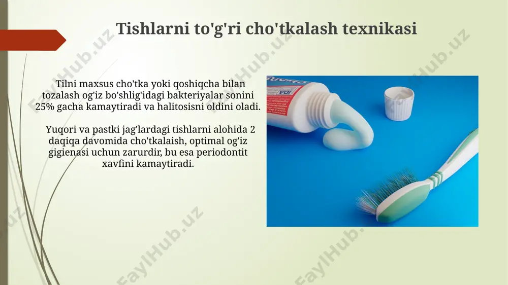 sh yumshoq, o'rta yoki qattiq qiliga ega tish cho'tkalarini tanlashda tishlaringizning holati va gingivitning mavjudligi muhim ahamiyatga ega, masalan, gingivitda yumshoq cho'tka tavsiya etiladi. tish pastalarini tanlashda florid miqdoriga e'tibor bering, chunki optimal miqdor 1000-1500 ppm oralig'ida bo'lib, kariesning oldini olishga yordam beradi. og'iz gigienasi bilan bog'liq muammolar va ularning yechimlari og'iz qurug'ligi (kserostomiya) sababli 5 dan ortiq tish emalining eroziyasi kuzatilsa, shifokor bilan maslahatlashish va sun'iy tupurik vositalaridan foydalanish tavsiya etiladi. periodontal kasalliklarning oldini olish uchun kuniga kamida 2 marta, 2 daqiqa davomida tish cho'tkasi va tish ipidan to'g'ri foydalanish, shuningdek, mutaxassisning tavsiyalariga amal qilish muhimdir. og'izni chayish vositalaridan foydalanish og'izni chayish vositalarini kuniga kamida 2 marta, ovqatdan keyin va uxlashdan oldin ishlatish tavsiya etiladi, bu tishlararo bo'shliqlarni tozalashga va og'izdagi bakteriyalar sonini 30% ga kamaytirishga yordam beradi. og'izni chayish vositalarini tanlashda tarkibida florid bo'lgan mahsulotlarga ustunlik berish kerak, chunki florid tishlarning emaliga mustahkamlik beradi va karies rivojlanish xavfini …