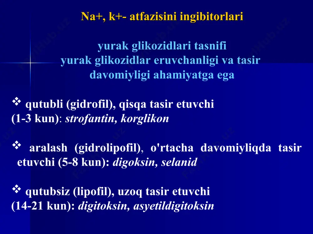 omchilab yuboriladi. preparat odatda 0,5-1 mkg/min tezlikda yuboriladi, zarur hollarda dozani har min oshiriladi. “to'xtatish” sindromi rivojlanmasligi uchun domapin yuborilishi sekin-asta to'xtatiladi. glyukagon glyukagon - meda osti bezi alfa hujayrasining gormoni. miokardga maxsus glyukagonli reseptorlar orqali kardiorag'batlantiruvchi tasir ko'rsatidi, yurak va zarb indeksi, yurakning minutli hajmini oshirib, umumiy pereferik qon tomirlar qarshiligini kamaytiradi. qondagi adrenalin va noradrenalin miqdorini kamaytiradi, yurakning barcha bo'laklarida impuls o'tkazilishini yaxshilaydi, diurezni oshiradi. glyukagon yurak glikozidlariga qaraganda kuchsiz, ammo birga qo'llaganda ularning nojo'ya tasirini bartaraf qila oladi. glyukagon yurak glikozidlariga qarshi ko'rsatmalar bo'lgan ёki tasiri kam bo'lgan quyidagi holatlarda mustaqil ravishda qo'llanadi: bradikardiya, ritm va o'tkazuvchanlikning buzilishi bilan kechuvchi syue. kardiogen va septik shok. to'liq av-blokada va qorinchalalar fibrillyasiyasida syue bo'lganda.