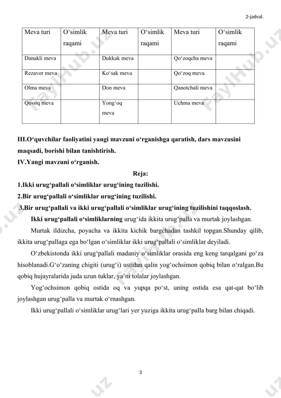 o‘simliklarnikidan keskin farq qiladi. bir urug‘pallali o‘simliklarning urug‘i bitta urug‘palla, burtakdagi boshlang‘ich ildiz, poyacha va kurtakchadan tashkil topgan.ularga bug‘doy,arpa,suli,makkajo‘xori kabi o‘simliklar kiradi. bir urug‘pallali o‘simliklarning urug‘i yer yuziga bitta urug‘palla barg bilan unib chiqadi. yer yuzida eng ko‘p tarqalgan bir urug‘pallali o‘simliklardan biri bug‘doydir. bug‘doyning urug‘i (doni) cho‘ziq shaklda.uning sirti yupqa sariq po‘st bilan qoplangan. bu po‘st qo‘shilib o‘sgan ikkita qobiqdan iborat. tashqisi meva qobig‘i, ichkisi esa urug‘ po‘sti hisoblanadi. bug‘doy, arpa, javdar, suli, sholi, makkajo‘xori kabi o‘simliklarning urug‘i don deb yuritiladi. bug‘doy donining ichki tuzilishi ko‘rish uchun uni ivitib, so‘ngg uzunasiga (bo‘yiga) kesish kerak.kesikda urug‘ning asosida joylashganmurtakni ko‘rish mumkin.murtak boshlang‘ich ildizcha, poyacha va kurtakchadan iborat.bug‘doyning bitta urug‘pallasi murtakni endospermadan ajratib turadi. murtakdagi bu qismlarni oddiy ko‘z bilan ko‘rib bo‘lmaydi. urug‘ning aksariyat qismi endosperma-oziq moddalar to‘plamini tashkil etuvchi hujayradan iborat. shunday qilib murtagida bitta urug‘palla bo‘ladigan o‘simliklar bir urug‘pallali o‘simliklar deyiladi. v.yangi mavzuni mustahkamlash uchun topshiriqlar. 1.qanday o‘simliklar ikki urug‘pallali …