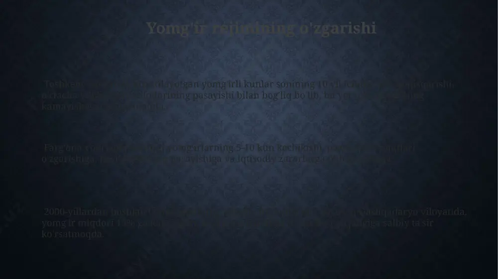 iy inqirozlarni keltirib chiqarishi mumkin. oʻrta dengizning suv sathi 1900-yildan beri taxminan 15-20 sm ga koʻtarildi, bu esa misr, tunis va liviya kabi sohil boʻyidagi mamlakatlarda qirgʻoq eroziyasi xavfini oshirmoqda. ekstremall iqlim hodisalari chastotasi va intensivligining o'sishi arktika muzliklarining tez erishi, 1979 yildan beri 40% ga kamaygan, dengiz sathining ko'tarilishiga va global iqlim tizimlarining beqarorlashuviga olib keladi, bu ekstremal iqlim hodisalari xavfini oshiradi. avstraliyaning buyuk to'siq rifining 50% dan ortiq qismi oqarishdan aziyat chekdi, bu suv haroratining oshishi tufayli yuzaga kelgan ekstremal iqlim hodisasining misoli bo'lib, shunga o'xshash hodisalar sonining ko'payishini ko'rsatadi. 2003-yilgi yevropa issiqlik to'lqini natijasida 70 000 dan ortiq odam halok bo'ldi, bu iqlim o'zgarishining inson salomatligiga jiddiy ta'sirini ko'rsatadi va bunday hodisalar chastotasi va intensivligining o'sishi haqida ogohlantiradi. biologik xilma-xillikning yo'qolishi oʻrmonlarning kesilishi va yashash joylarining yoʻqolishi tufayli 2020 yilda dunyo boʻylab 1 million turga yaqin hayvon va oʻsimlik turlari yoʻqolib ketish xavfi ostida qolgan, bu esa …