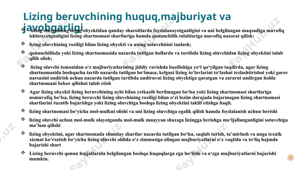 vchi tomonidan sotib olingunga qadar lizing beruvchida bo`ladi. lizing shartnomasining muddatining tugashi bn lizing oluvchiga o`tadi. shartnomada belgilangan qoidalar bajarsagina…. lizing obyektiga bo`lgan mulk huquqi 8 haitmurodov sardor haitmurodovsardorbek2506@gmail.com +998919780808 thank you ! 9 9 image1.jpg image2.jpg image3.jpg image4.jpg image5.png image6.jpeg image7.jpg image8.png image9.svg image9.png image11.svg image10.png image13.svg .msftofcthm_accent1_stroke { stroke:#f0cda1; } .msftofcthm_accent1_stroke { stroke:#f0cda1; } .msftofcthm_accent1_stroke { stroke:#f0cda1; }