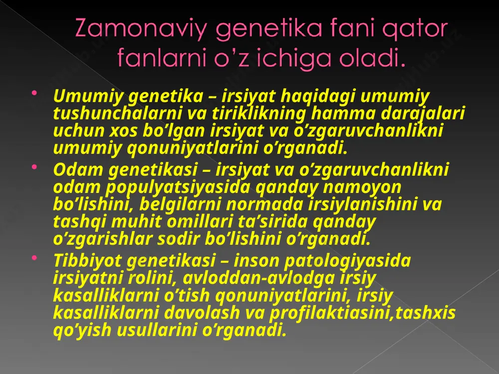 , har xil muhit sharoitida tarbiyalanganlarida esa 67 % bo’ladi populyatsiya bu – bir turga mansub bo’lgan, bir joyda yashovchi har xil genotipli organizmlar to’plamidir. odamlar populyatsiyasi deganda- uzoq vaqt davomida bitta hududda yashab bir biri bilan erkin nikohga kirisha oladigan odamlar guruhi hisoblanadi. odamlar populyatsiyasiga: respublika,viloyat, tuman,shahar, va qishloqdagi odamlarni kiritish mumkin. odam populyatsiyalarini bir biridan, geografik, sotsial,diniy eʼtiqod va boshqa belgilar bilan ajratish mumkin. odamlarda katta populyatsiyalar, odatda bitta emas,bir nechta antropologik guruhlardan tashkil topgan bo’ladi. demak, populyatsiyalar katta va kichik bo’lishi mumkin аgar populyatsiyada odamlar soni 1500 – 4000 gacha bo’lsa,bunday populyatsiyalar demlar deyiladi. demlarda: boshqa populyatsiyaga oid shaxslar kam bo’lib(1-2%), qarindoshlar o’rtasida nikoh yuqori (80-90 %) bo’ladi. populyatsiyada odamlar soni 1500 dan kam bo’lsa izolyantlar deyiladi. izolyantlarda: boshqa populyatsiya odamlari faqat 1 % ni tashkil qiladi. qarindoshlar o’rtasida nikoh 90 % dan oshadi. 4 – avlod vakillari esa aka-uka va opa-singillarning farzandlari bo’lib qoladi. maʼlum bir …