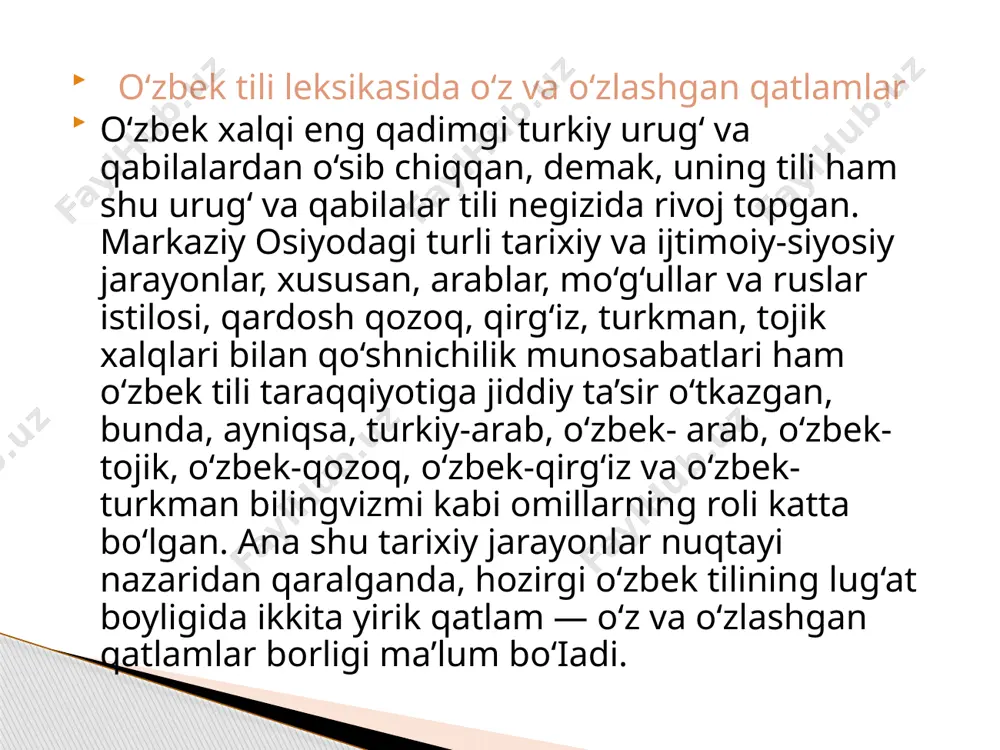 o‘zb.) — mayda (f-t.) kabi. fors-tojik tillaridan o'zlashtirilgan so'zlarda: so‘z urg‘usi erkindir: u so‘zning turli (birinchi, ikkinchi va oxirgi) bo‘g‘inlarida bo‘lishi mumkin: abajur, avantura, professor, standart, drama kabi; urg‘uli bo‘gindagi unli o‘zbek tili so‘zlarining urg‘uli bo‘g‘inidagi unlidan cho‘ziqroq talaffuz etiladi: oltin (o‘zb., umumturkiy) — karantin ' ' / / (r-b.), ovsin (o‘zb.) — apelsin (r-b.), orzu (f-t.) — meduza (r.-b.) kabi; bir bo‘g‘inli so‘zlarda unli ruscha so‘zlarda cho‘ziqroq, o‘zbekcha va tojikcha so‘zlarda esa qisqaroq talaffuz qilinadi: biz (o‘zb.) - bis > bits («bis»ga chaqirmoq), tep (fe’l shakli) — temp (sur'at), pul (f.-t. ulpat, faner> paner, ferma > perma kabi. hozirgi o'zbek adabiy tilida ularni «f» bilan talaffuz qilish me’yor holiga kelgan. so'z yoki bo'g'in boshida undosh tovushlarning qatorlashib kelishi turkiy tillarga xos bo'lmagan. bu hodisa keyinchalik boshqa tillardan o'zlashtirilgan so'zlar talaffuziga ham ta’sir qilgan — jonli so'zlashuvda so'z yoki bo'g'in boshida yoxud bo'g'indagi ikki undosh orasida bir unlining orttirilishiga olib …