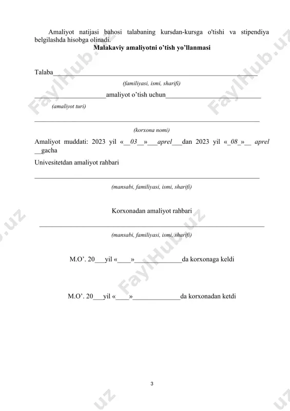 di sana bajarilgan ishlar m.o’. amaliyot rahbari imzosi ______________ ________________________ sana bajarilgan ishlar m.o’. amaliyot rahbari imzosi ______________ ________________________ sana bajarilgan ishlar m.o’. amaliyot rahbari imzosi ______________ ________________________ sana bajarilgan ishlar m.o’. amaliyot rahbari imzosi ______________ ________________________ sana bajarilgan ishlar m.o’. amaliyot rahbari imzosi ______________ ________________________ sana bajarilgan ishlar m.o’. amaliyot rahbari imzosi ______________ ________________________ talabaga amaliyot o’tgan korxona tomonidan taqriz __________________________________________________________________ __________________________________________________________________ __________________________________________________________________ __________________________________________________________________ __________________________________________________________________ __________________________________________________________________ __________________________________________________________________ __________________________________________________________________ __________________________________________________________________ __________________________________________________________________ __________________________________________________________________ __________________________________________________________________ __________________________________________________________________ __________________________________________________________________ __________________________________________________________________ __________________________________________________________________ __________________________________________________________________ __________________________________________________________________ __________________________________________________________________ __________________________________________________________________ _________________________________________________