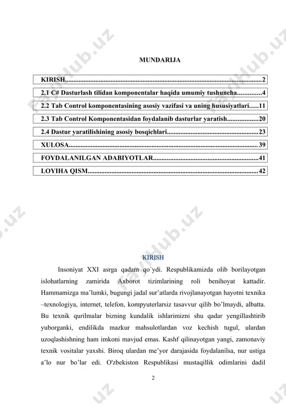 alarni yechib o’rganish zarur. buning uchun dasturlash tilini ishlash jarayonini bilish kerak. biz bu dasurlash programmasidan yuqori sifatli foyda olishni xohlasak, biz bu programma bilan aktiv ishlashimiz kerak. hozirgi vaqtga kеlib kompyutеr olamida ko’plab dasturlash tillari mavjud. paskal, с++, c# dasturlash tillaridir. с# dasturlash tili univеrsal tildir. ishlatiladigan bir qancha dasturlar с# tilida yozilgan. men ”dasturlash asoslari” fanidan kurs ishi bajarish davomida c# dasturlash tilida tab control komponentasi yordamida dasturlar yaratishni maqsad qilib oldim. c# dasturlash tilining imkoniyatlari bilan tanishishni, tab control komponentalari, uning dasturdagi asosiy vazifalarini o’rganishni maqsad qilib oldim. kurs ishining dolzarbligi: ushbu kurs ishi hozirgi kunda kompyuterda berilgan masalalarni dasturlash tillari orqali yechish va dasturda turli xildagi komponentalar, turli ob’yektlar, metodlar tushunchalaridan foydalanish kabi vazifalarni o`rganishga olib keladi. kurs ishining maqsadi: c# dasturlash tilida komponentalar bilan ishlash, hamda komponentalar ob’yeklari haqida tushunchalar olish. kurs ishining ob’ekti: c# dasturlash tilida komponentalar bilan ishlash va uning ob’yektlari, metodlari haqida …