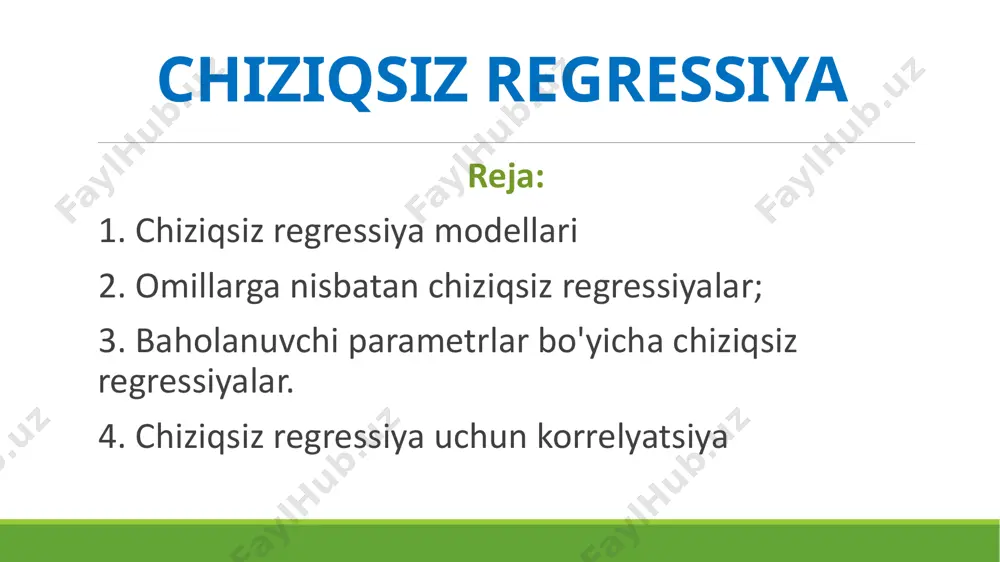 rganishda keng qo'llaniladi. 1. chiziqsiz regressiya modellari 1960-1995 yillarga ko'ra aqsh yalpi ichki mahsuloti ishlab chiqarish funktsiyasi bu erda y - yaim, k – kapital, l - mehnat 2. omillarga nisbatan chiziqsiz regressiyalar ikkinchi darajali parabola tenglamasida o'zgaruvchilarni , deb almashtirib quyidagi ikki omilli chiziqli regressiya tenglamasiga ega bo’lamiz: 2. omillarga nisbatan chiziqsiz regressiyalar ikkinchi darajali parabola tenglamasida o'zgaruvchilarni , deb almashtirib quyidagi ikki omilli chiziqli regressiya tenglamasiga ega bo’lamiz: 2. omillarga nisbatan chiziqsiz regressiyalar ikkinchi darajali parabola ko’rinishidagi regressiya tenglamasi parametrlarini ekku yordamida topish: 2. omillarga nisbatan chiziqsiz regressiyalar polinom: va 2. omillarga nisbatan chiziqsiz regressiyalar agar o'zaro bog'lanishning parabolik shakli y ning avval o’sishini so’ngra pasayishini namoish etsa, u holda x ning natijani maksimumga erishtiradigan qiymati topiladi. masalan, oilada a maxsulot (birligini) daromad darajasiga bog'liq holda iste'mol qilinishi tenglama bilan tavsiflansin. tenglamaning birinchi tartibli hosilasini nolga tenglab , maksimal iste’mol miqdorini beruvchi daromad qiymatini topamiz, ya'ni ming so'mda …